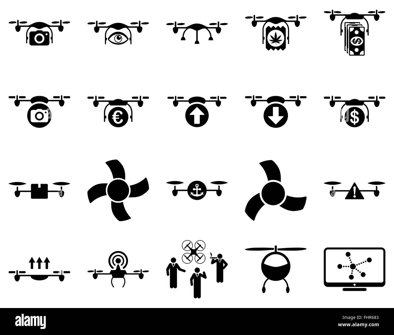 Drone quadcopter Air et icônes d'outils Banque D'Images