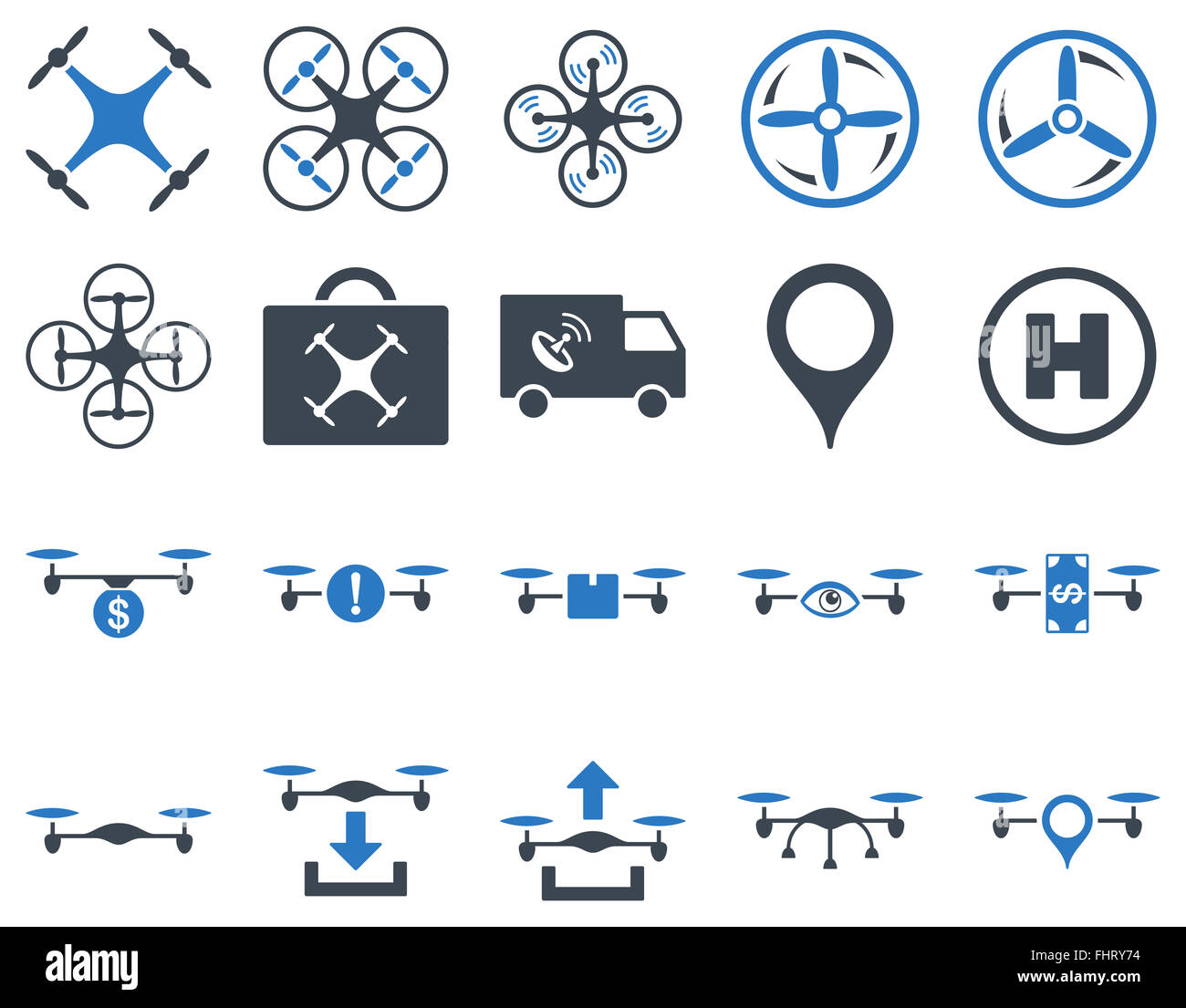 Drone quadcopter Air et icônes d'outils Banque D'Images