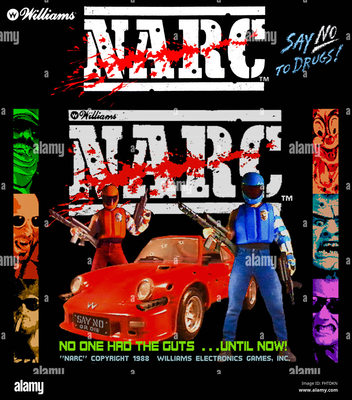 'Narc' arcade jeu produit par Williams en 1988 avec le slogan anti-drogue "Dites non à la drogue". L'image présentée est une image composite montrant du gameplay et la marque de la machine d'arcade. Banque D'Images