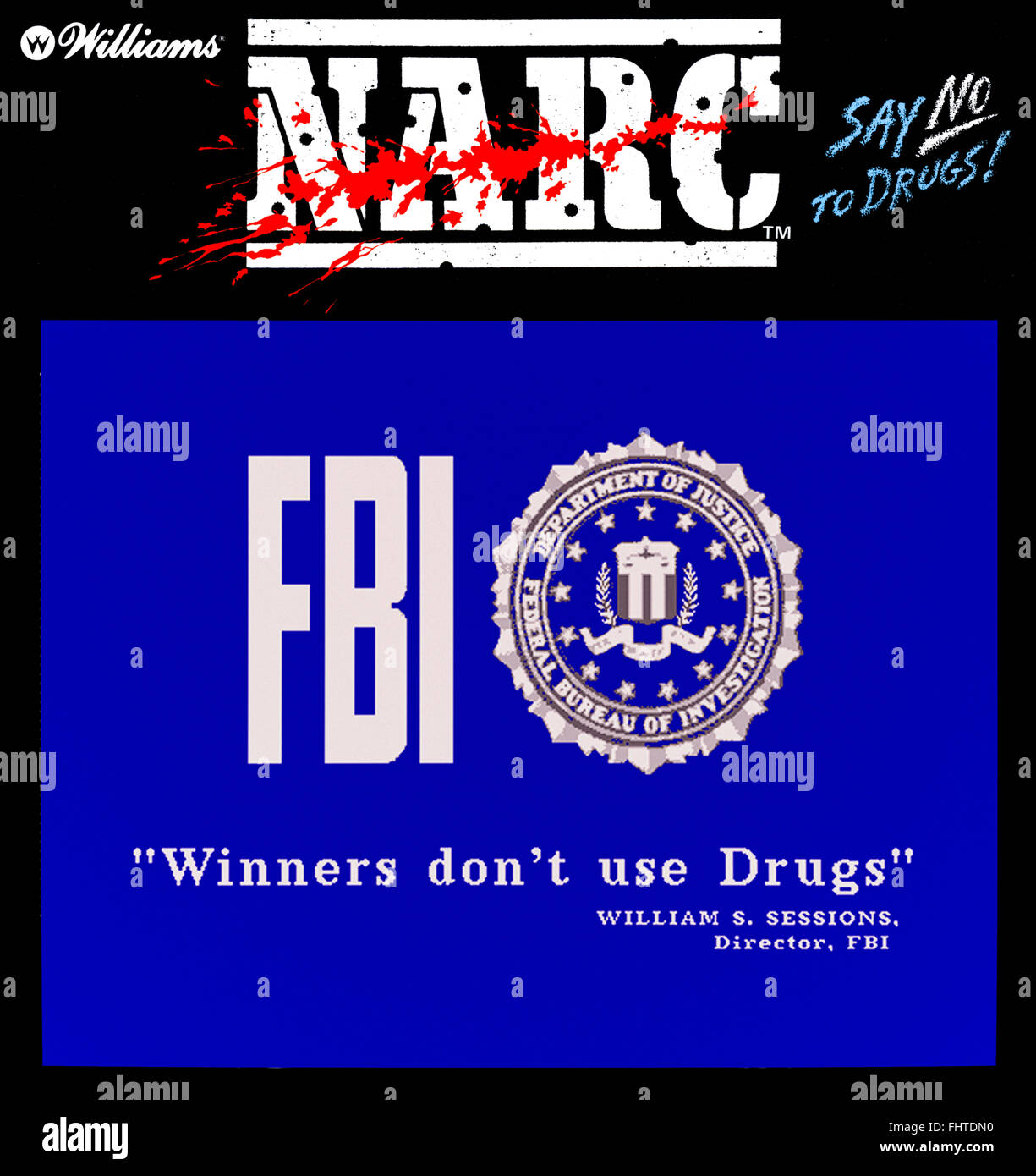 Jeu d'arcade 'NARC' produit par le designer américain Eugene Jarvis (né en 1955) pour Williams Electronics en 1988, avec le slogan anti-drogue 'Say No to Drugs' sur l'armoire et mettant en vedette la première utilisation de l'écran d'accueil du FBI 'Winners Don't Use Drugs'. L'image illustrée est une image composite montrant l'écran de démarrage et la marque de la machine d'arcade. Banque D'Images