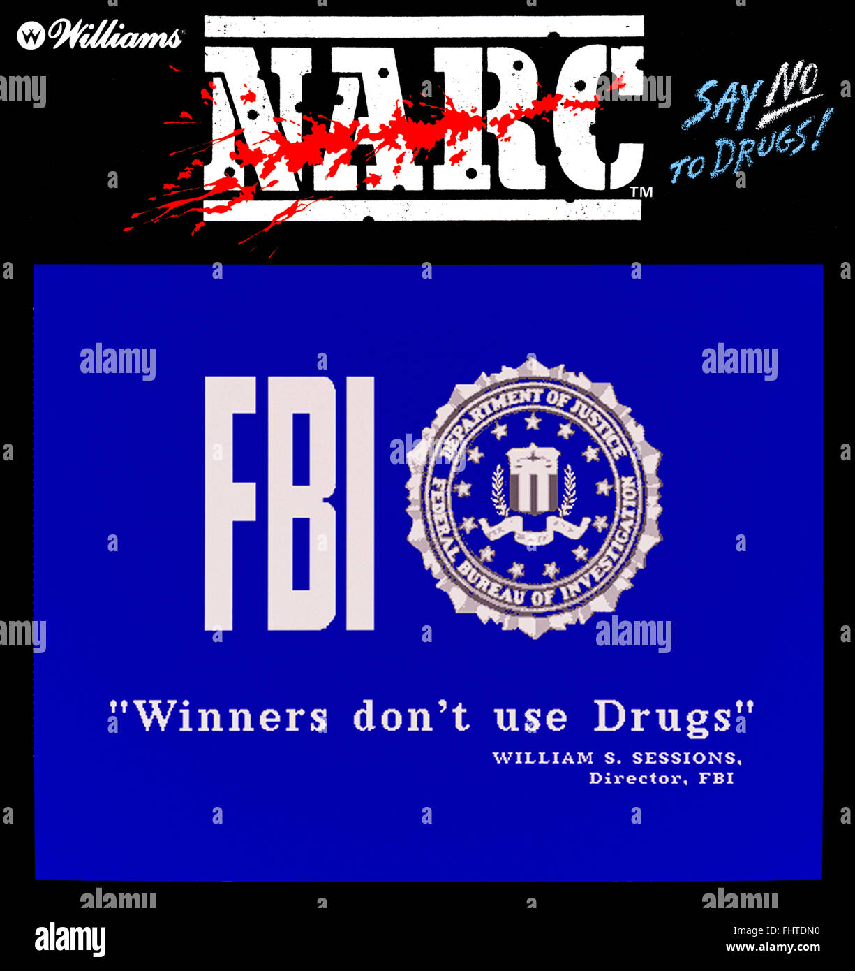 'Narc' arcade jeu produit par Williams en 1988 avec le slogan anti-drogue "Dites non à la drogue' sur l'armoire et avec la première utilisation de l'affiche du FBI "vainqueurs n'utilisez pas de drogue". Voir la description pour plus d'informations. Banque D'Images