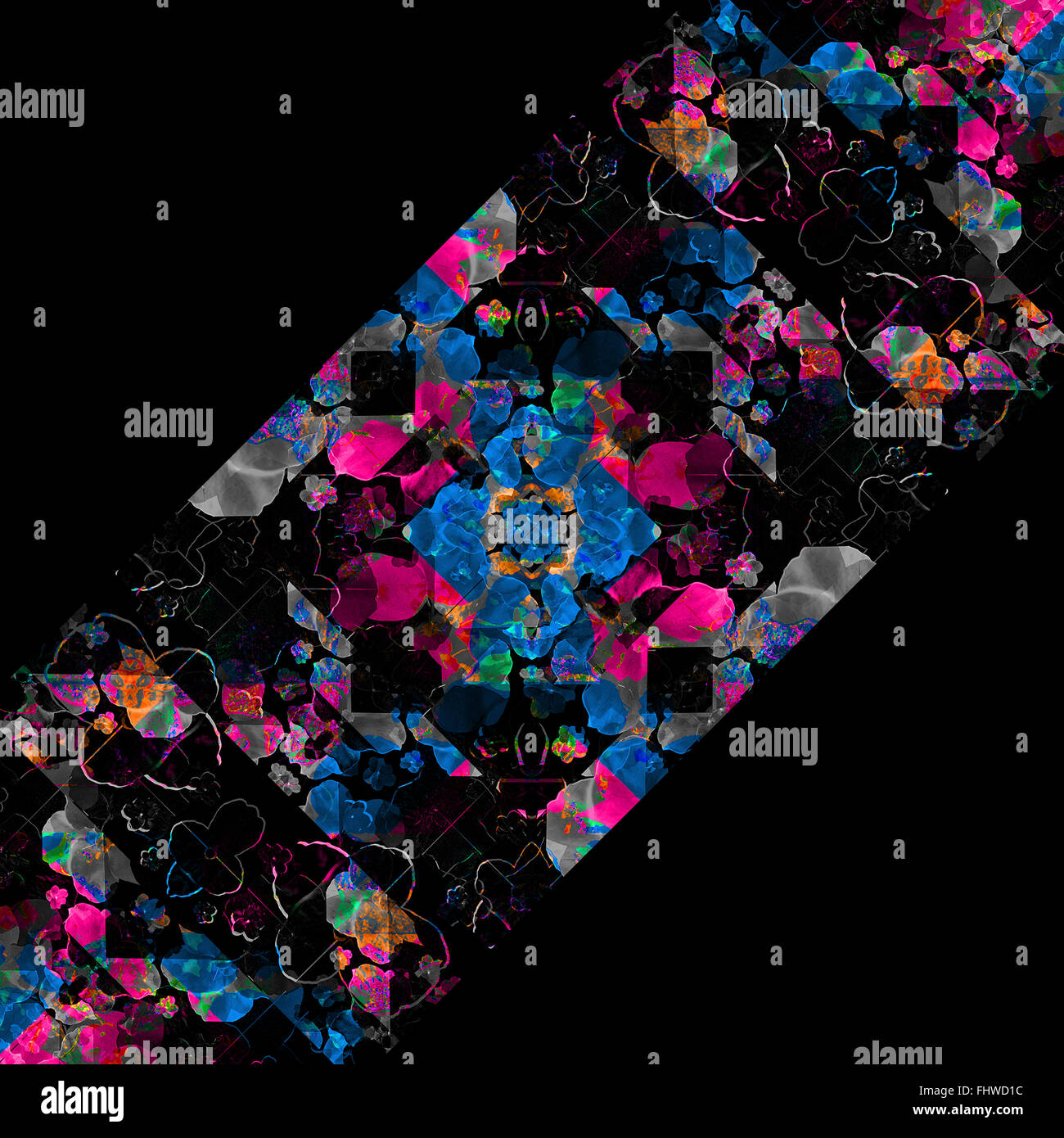 Fond noir avec des motifs géométriques collage mosaïque décorative diagonale en couleurs mélangées Banque D'Images