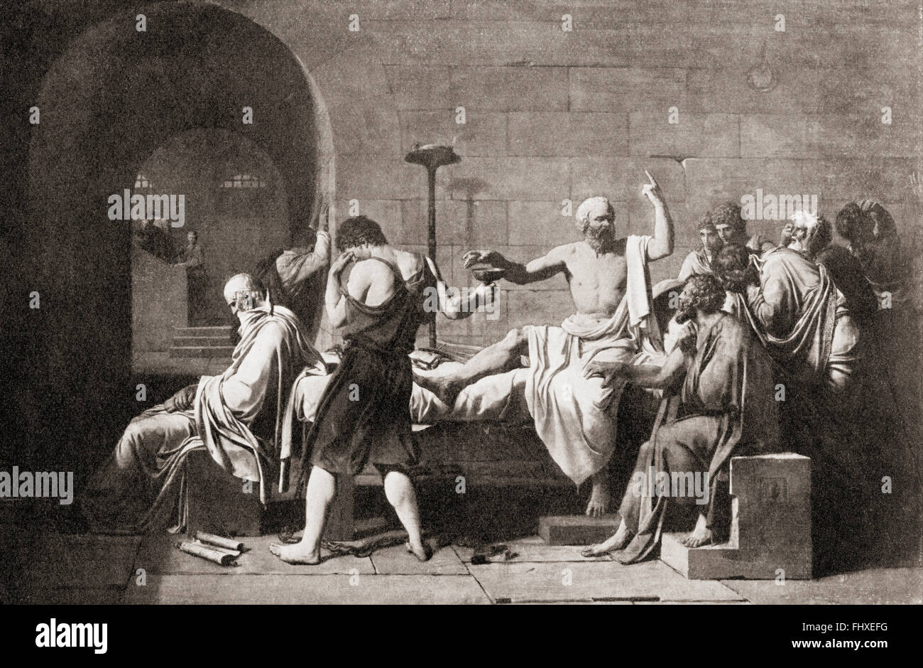 La mort de Socrate en buvant du poison de la pruche. Socrate c. 469 - 399 av. Philosophe Grec classique. Banque D'Images