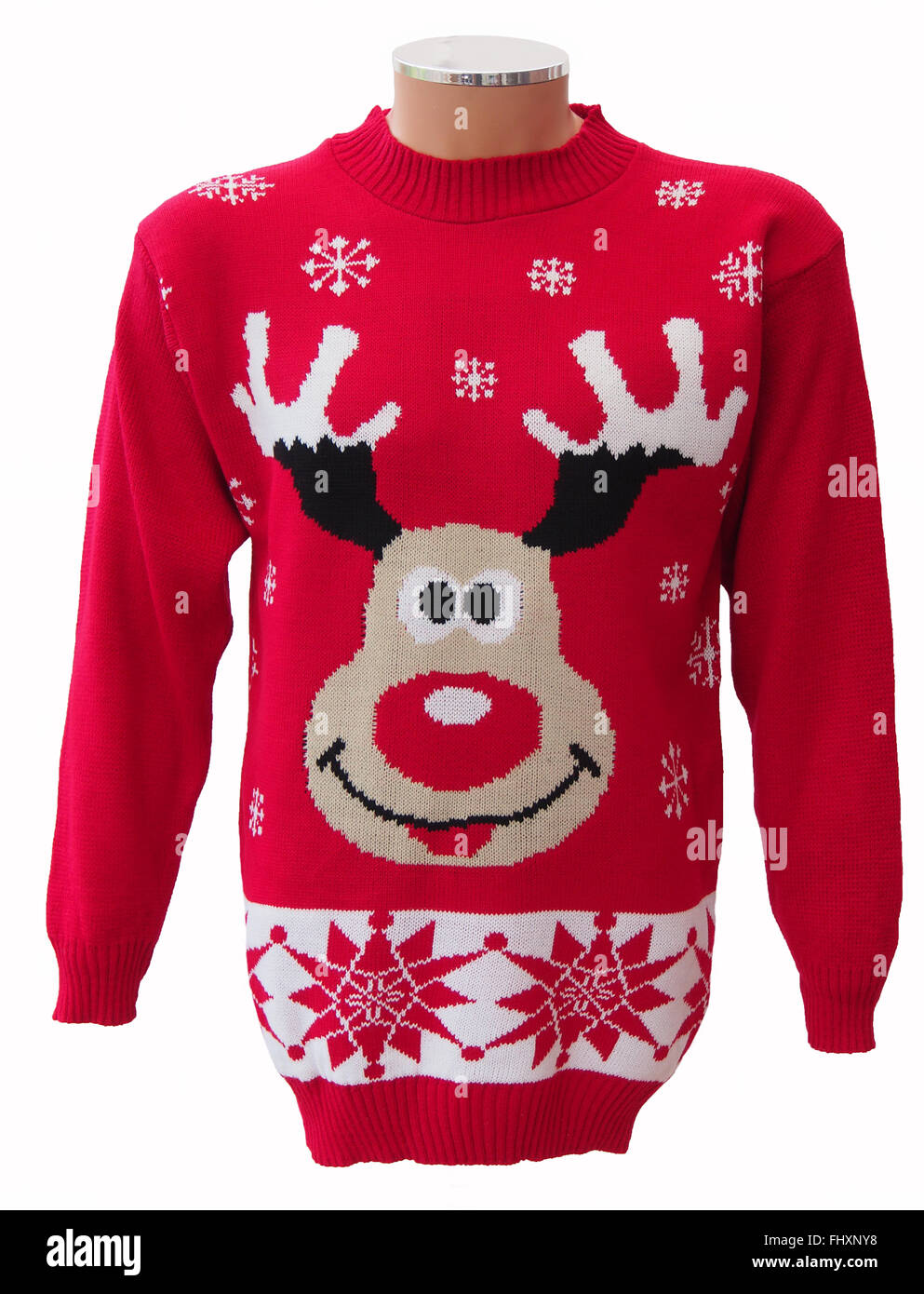 Noël des adultes en tricot rouge, volant avec Rudolph the Red Nosed Reindeer et flocons, isolé sur un fond blanc. Banque D'Images