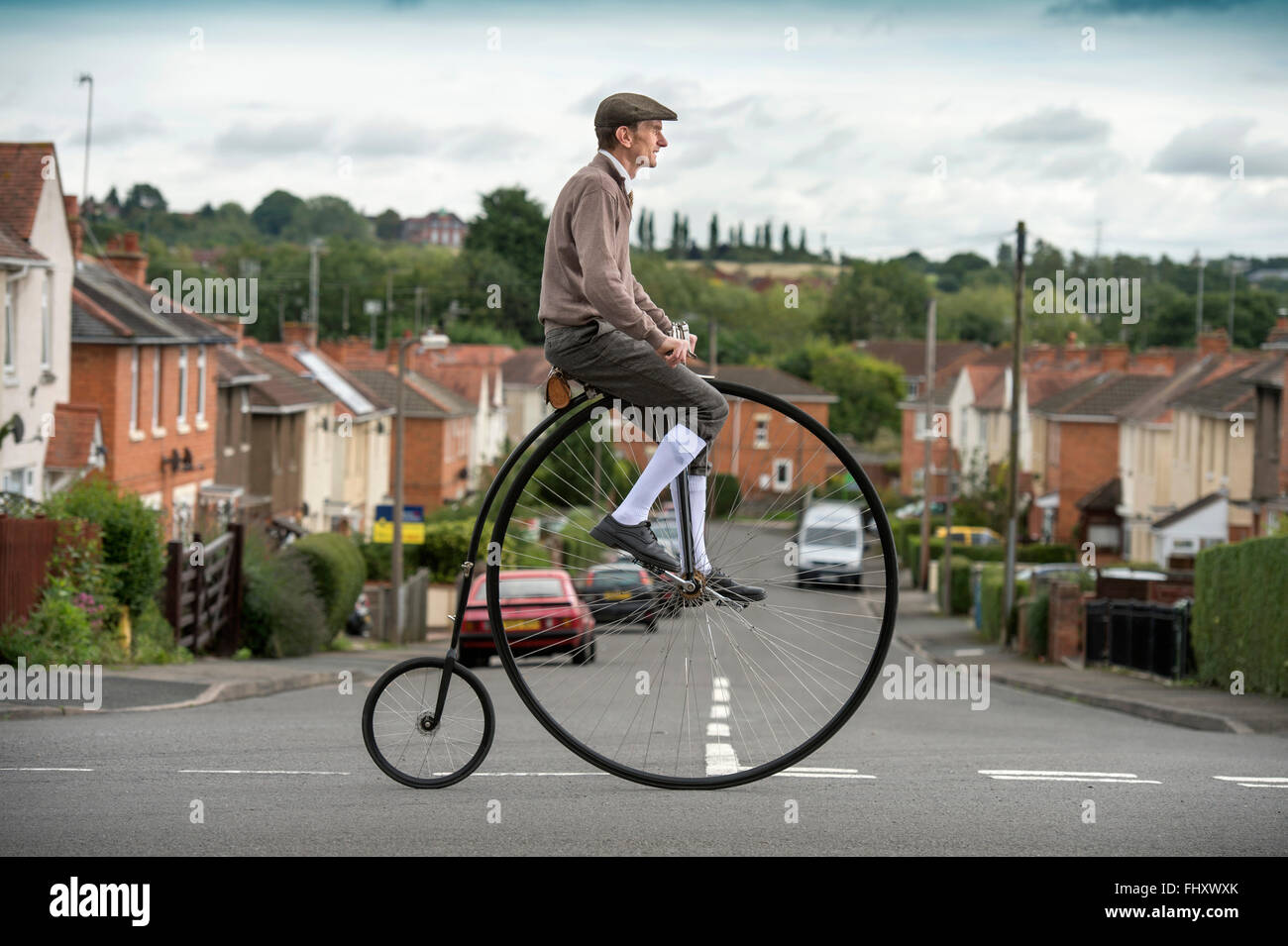 Le Penny Farthing enthusiast Dave Preece de Worcester UK Banque D'Images