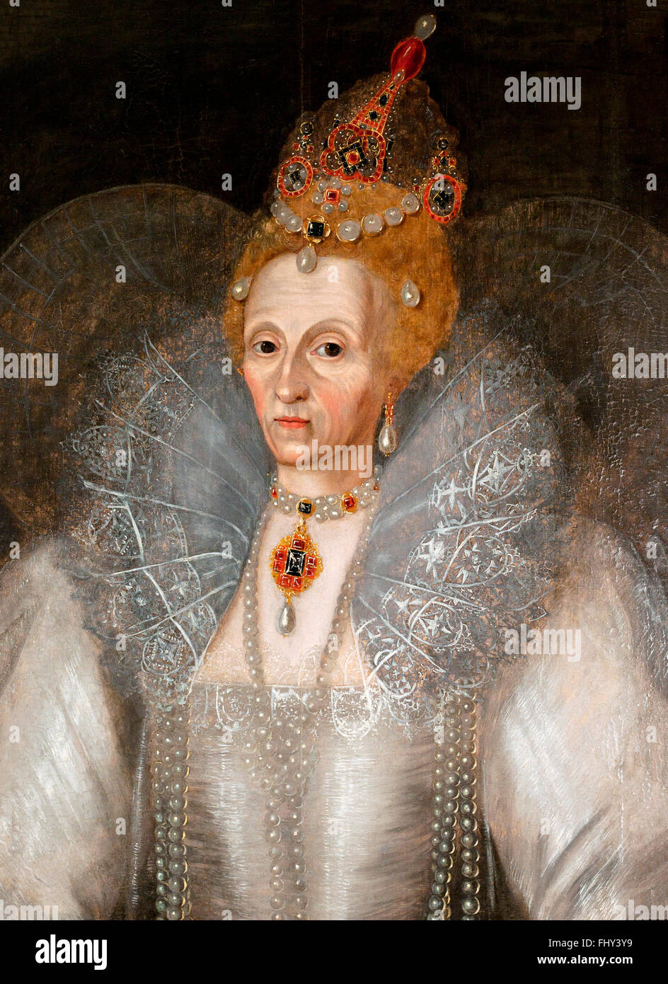 Elizabeth I. prétendument portrait réaliste de la Reine Elizabeth I d'Angleterre attribuée à Marcus Gheeraerts le jeune ou son studio, ch. 1595 Banque D'Images