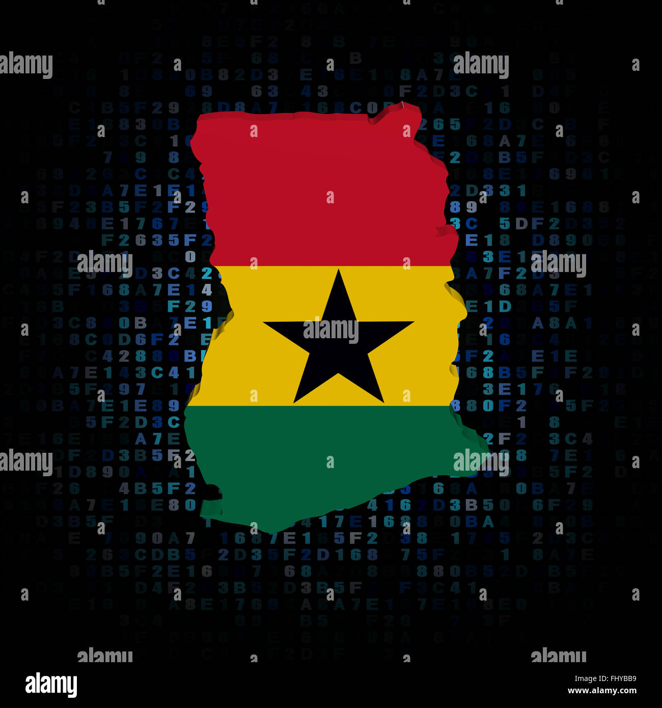 Ghana carte drapeau sur code hex illustration Banque D'Images