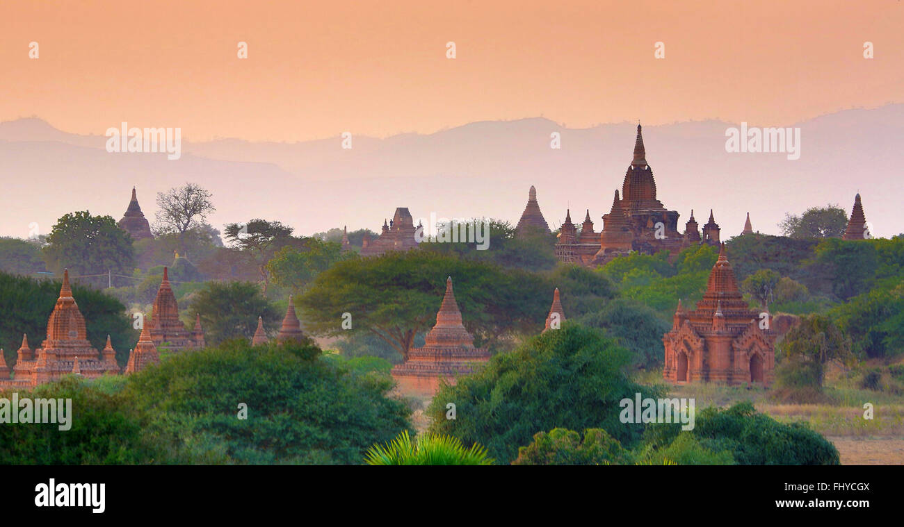 Temples et pagodes au coucher du soleil sur la plaine centrale de Bagan, Myanmar (Birmanie) Banque D'Images