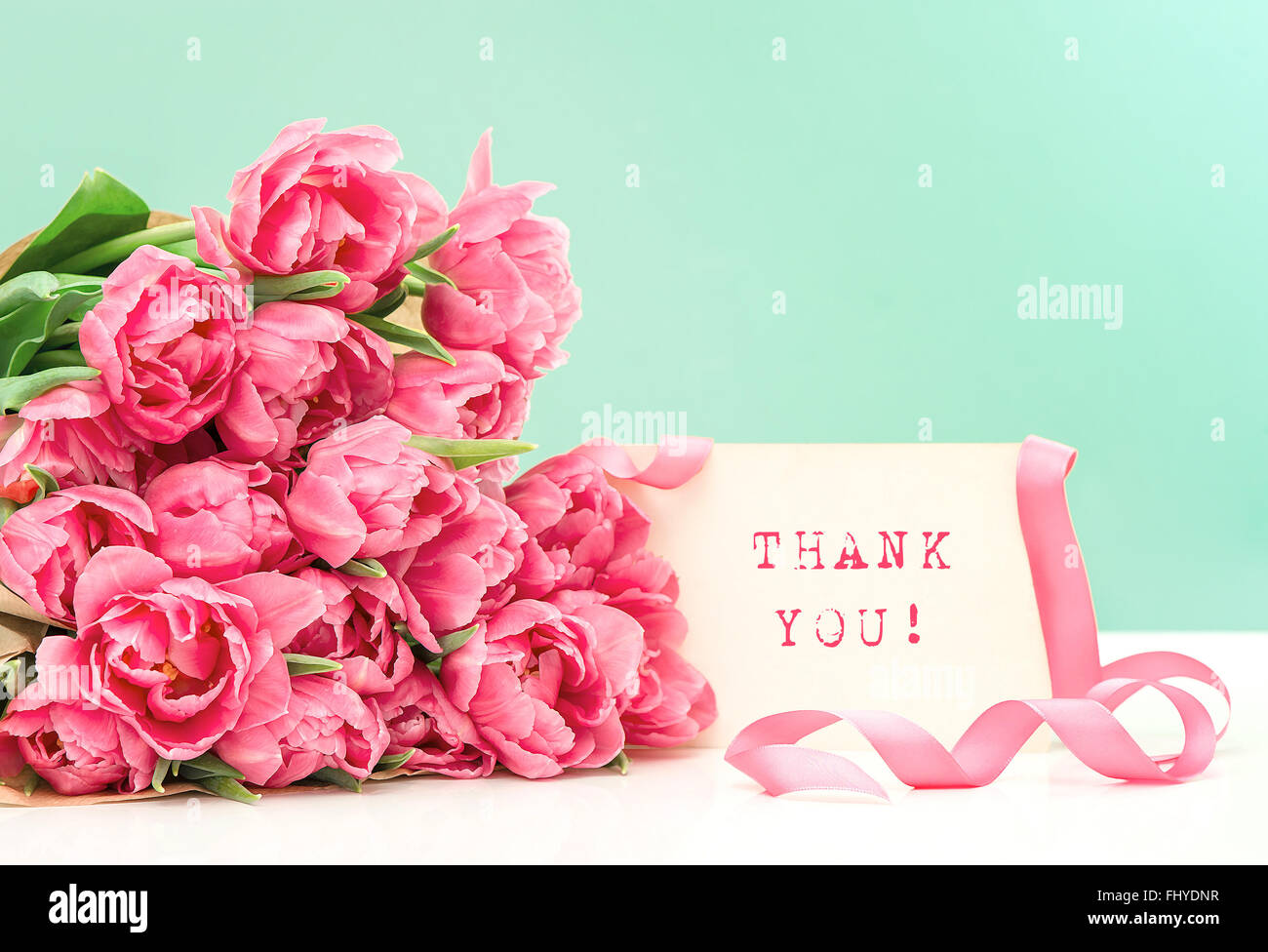 Tulipe rose et un exemple de texte de carte Merci ! Concept de carte postale. Photo avec effet de peinture à l'huile Banque D'Images