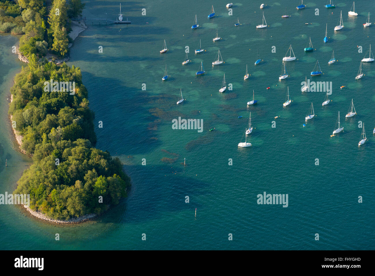 Allemagne, Lac de Constance, vue aérienne, Immenstaad, oiseau îles à Dornier Mole Banque D'Images