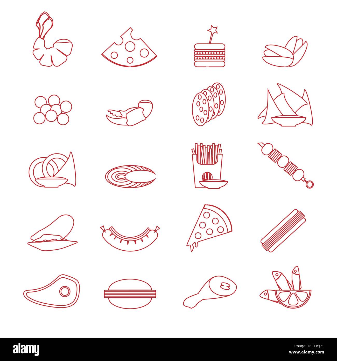 Rouge Différentes collations d'aliments sur la silhouette fond blanc. Illustration vecteur de fond numérique. Illustration de Vecteur