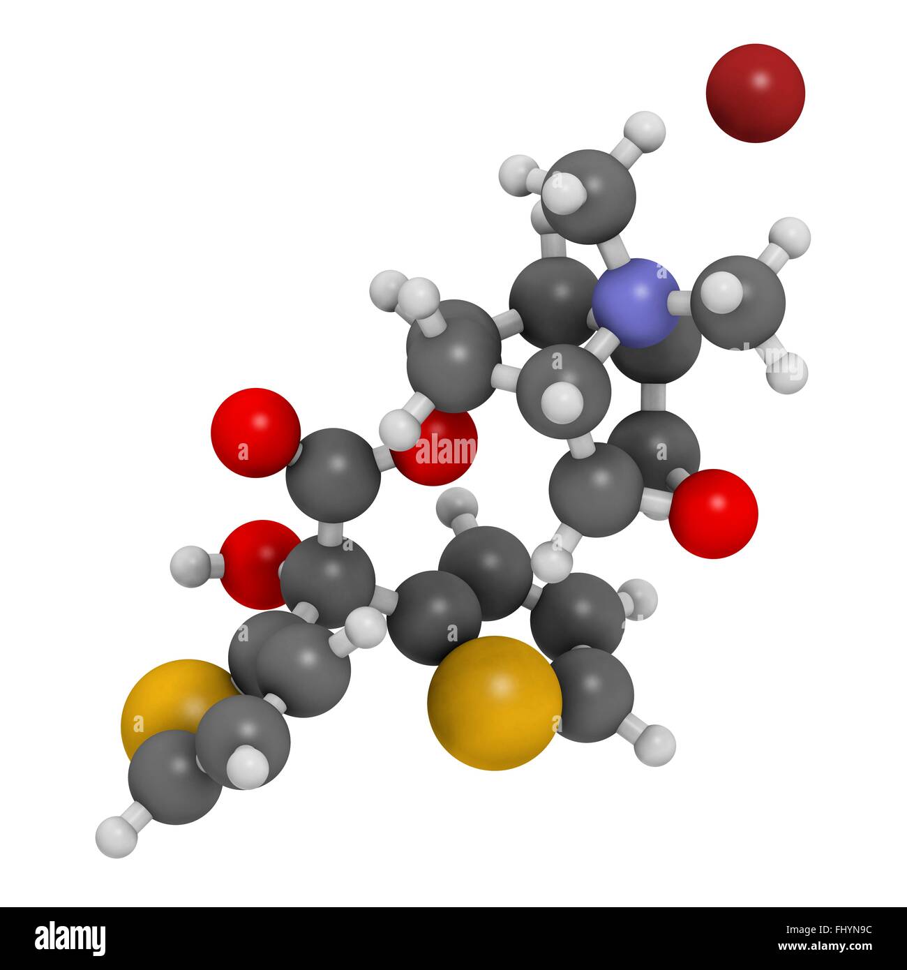 Bromure de tiotropium la bronchopneumopathie chronique obstructive (BPCO) molécule pharmaceutique Les atomes sont représentés comme des sphères et sont en couleur Banque D'Images