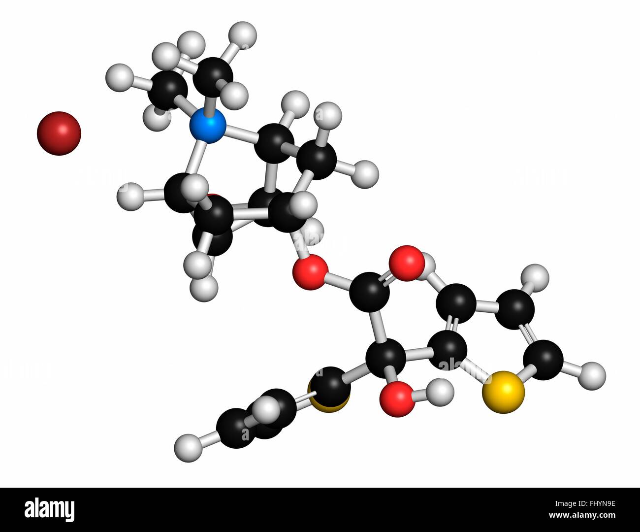 Bromure de tiotropium la bronchopneumopathie chronique obstructive (BPCO) molécule pharmaceutique Les atomes sont représentés comme des sphères et sont en couleur Banque D'Images