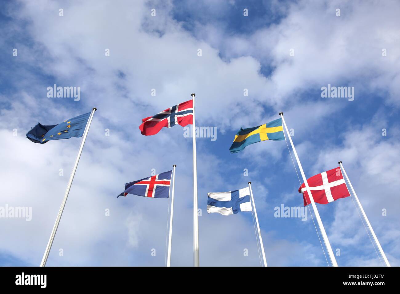 Drapeaux des pays nordiques dans le ciel Banque D'Images