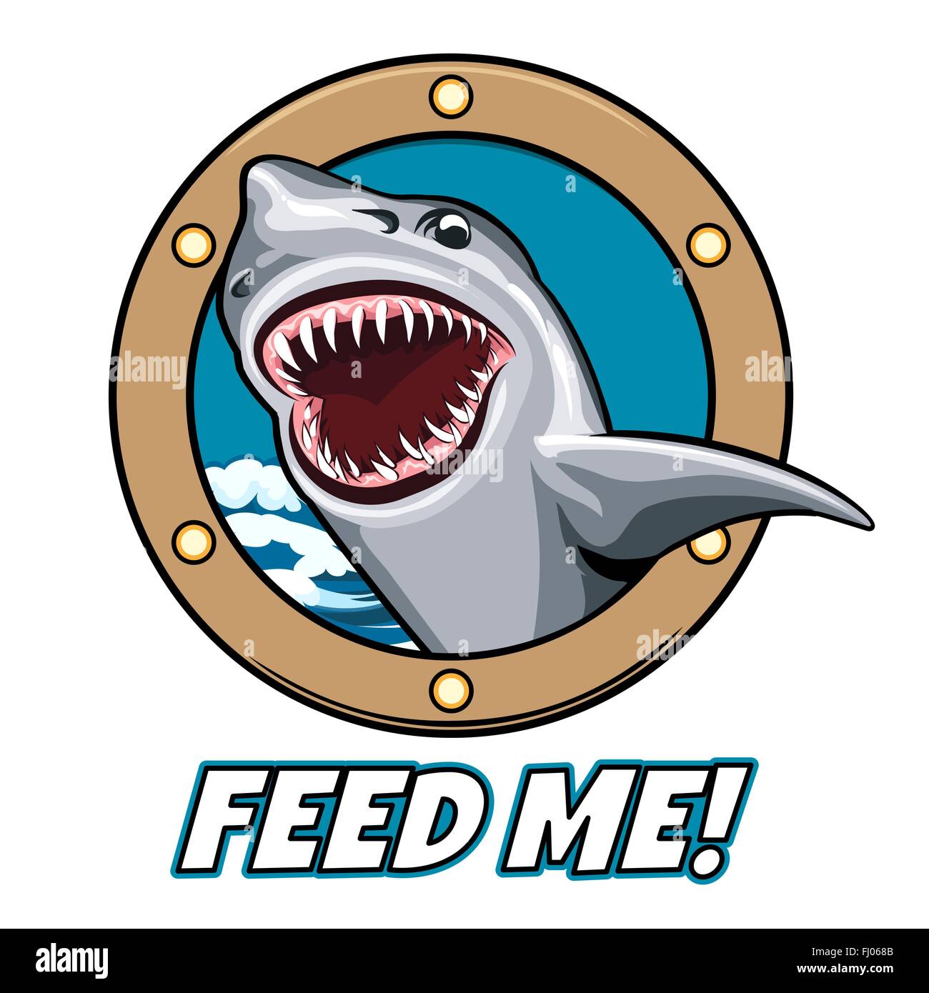 L'emblème de la tête de requin, la bouche ouverte dans la fenêtre de navire et le libellé Feed Me. Cartoon style. Gratuitement police utilisée. Illustration de Vecteur