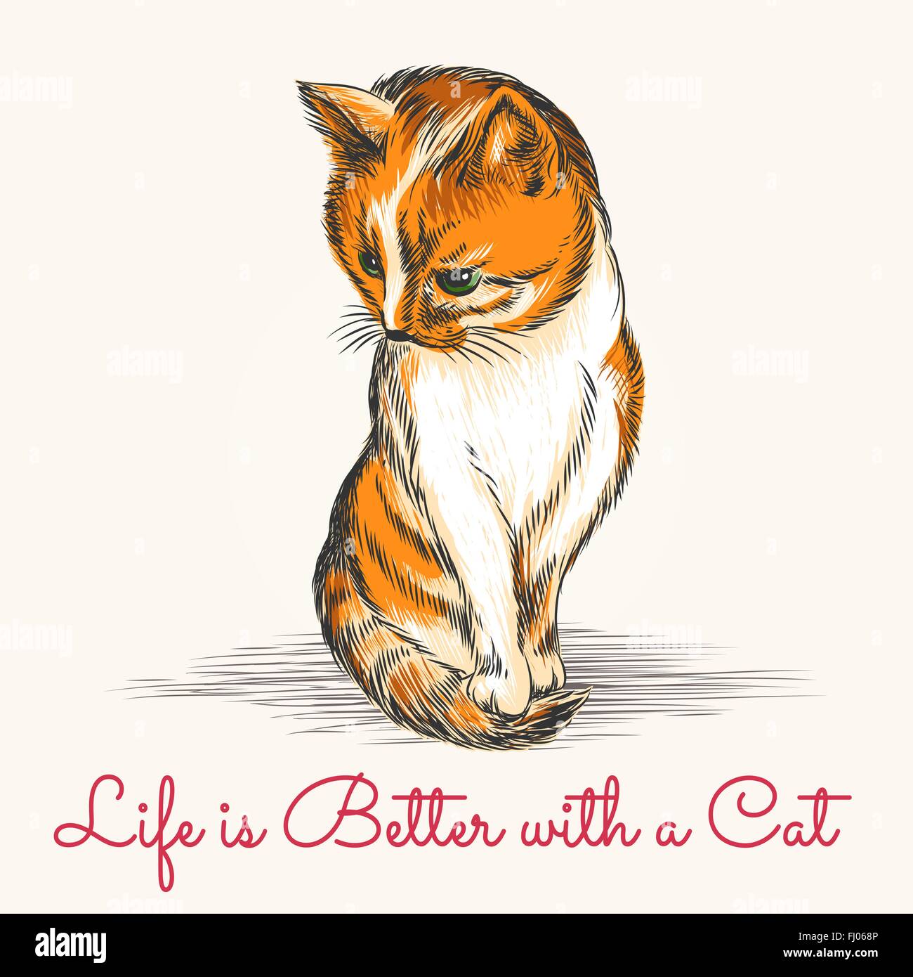 Chaton rouge au croquis style avec libellé la vie est meilleure avec un chat. Gratuitement police utilisée. Illustration de Vecteur