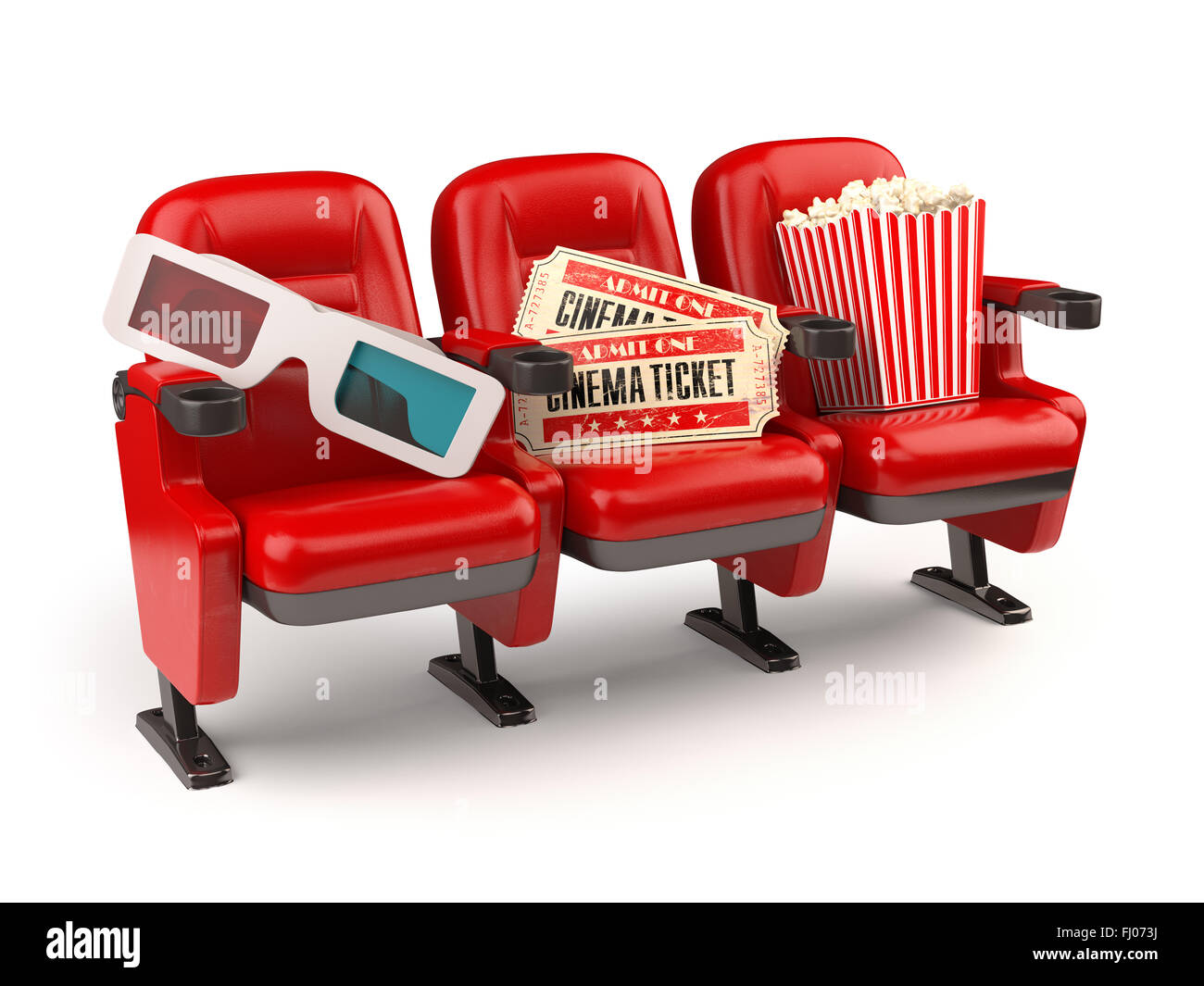 Cinema film concept. Fauteuils rouges avec des billets, le maïs soufflé et les lunettes 3D isolé sur blanc. Banque D'Images