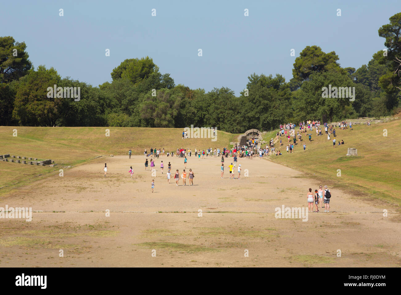 Olympie, Péloponnèse, Grèce. Ancienne Olympie. Le stade où les événements d'athlétisme ont eu lieu. Banque D'Images