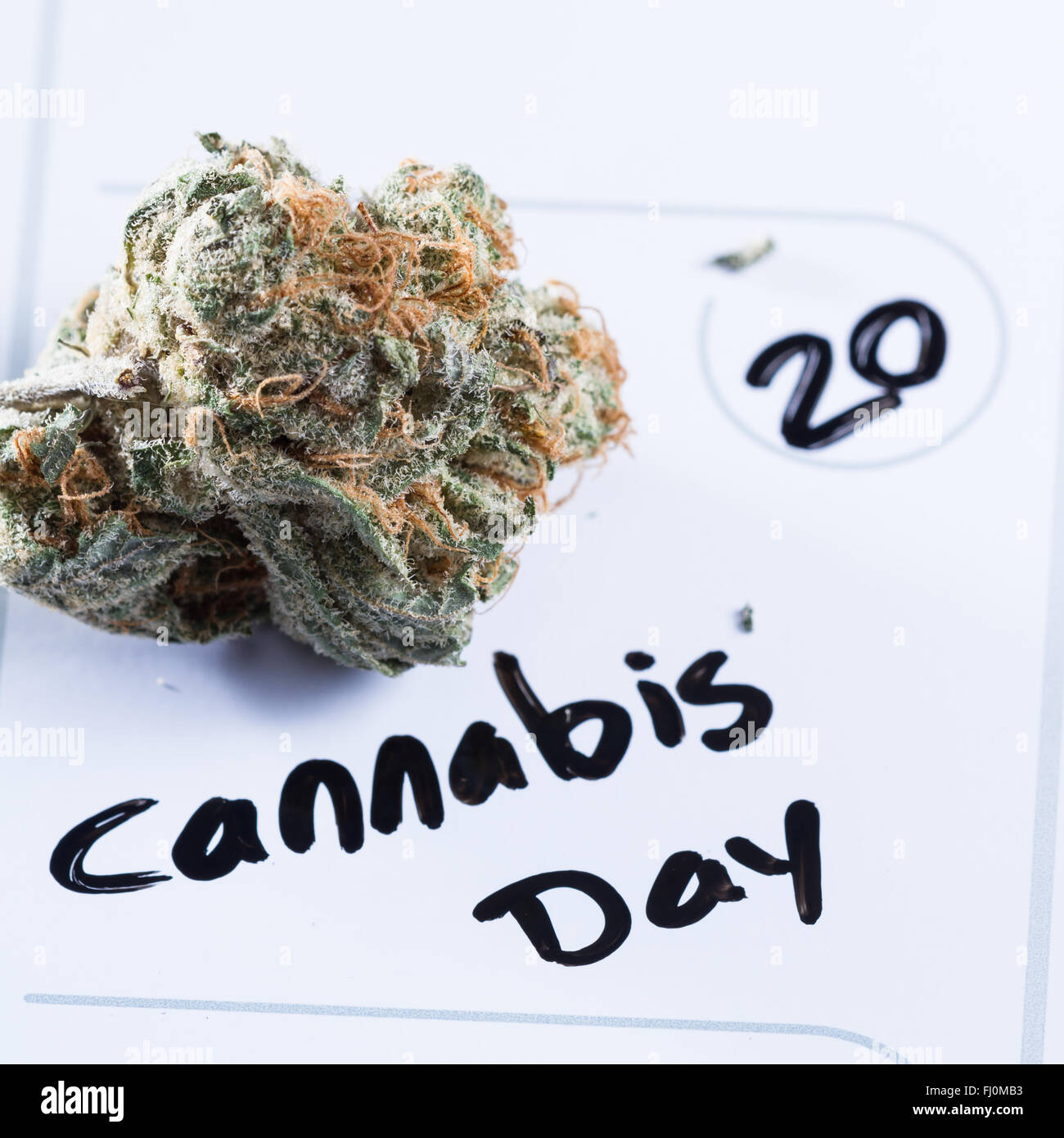 Close up image pour un concept à l'aide d'un calendrier, un bourgeon de cannabis et un marqueur noir pour écrire les mots jour cannabis Banque D'Images