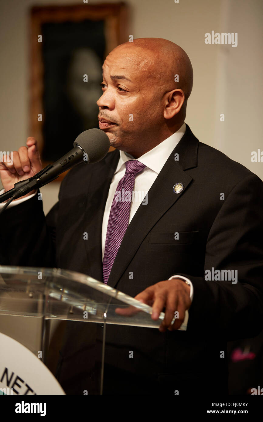 Chef de l'Assemblée de l'État de New York, Carl E. Heastie prononce une allocution à NAN, MKL Jr. célébration maison de Justice Harlem, New York 18/1/16 Banque D'Images