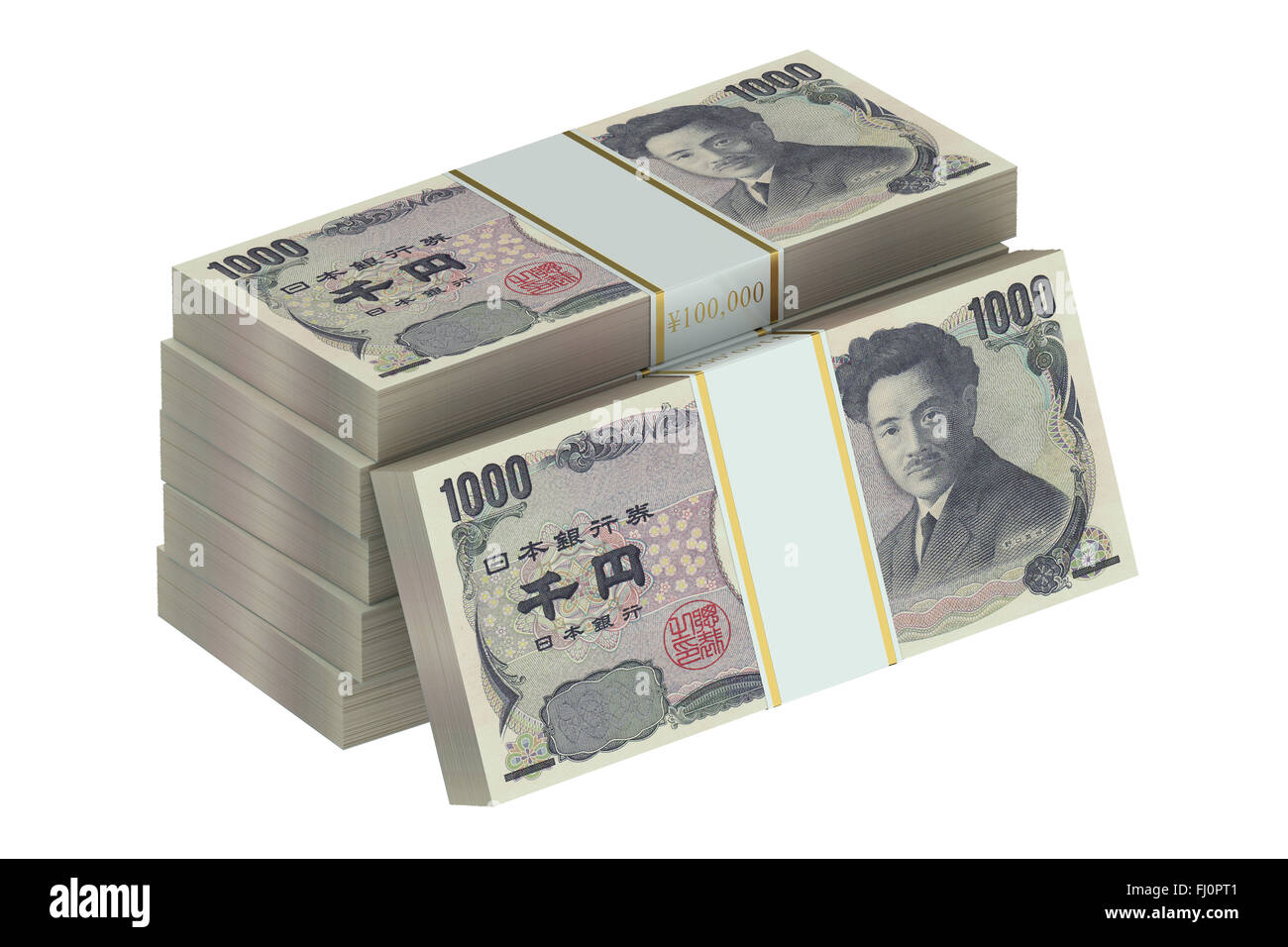 Paquets de yens japonais isolé sur fond blanc Banque D'Images