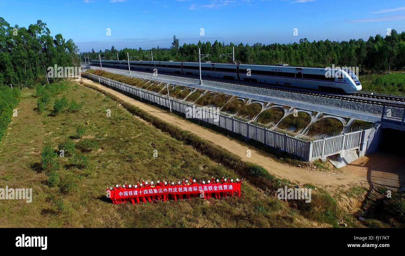 (160228) -- BEIJING, 28 février 2016 (Xinhua) -- photos prises le 29 décembre 2015 montre un train à grande vitesse d'exécution sur la partie occidentale d'une boucle de la ligne ferroviaire à grande vitesse de Hainan dans le sud de la Chine, île de Hainan Province. "Construire plus de chemins de fer à grande vitesse' a été un sujet chaud à la session annuelle de la législature provinciale et des organismes consultatifs politique intensive tenue en janvier. La Chine dispose du plus grand réseau ferroviaire à grande vitesse, avec la longueur d'exploitation total atteignant 19 000 km d'ici la fin de 2015, environ 60 pour cent du total mondial. L'expansion du réseau ferroviaire à grande vitesse est Banque D'Images