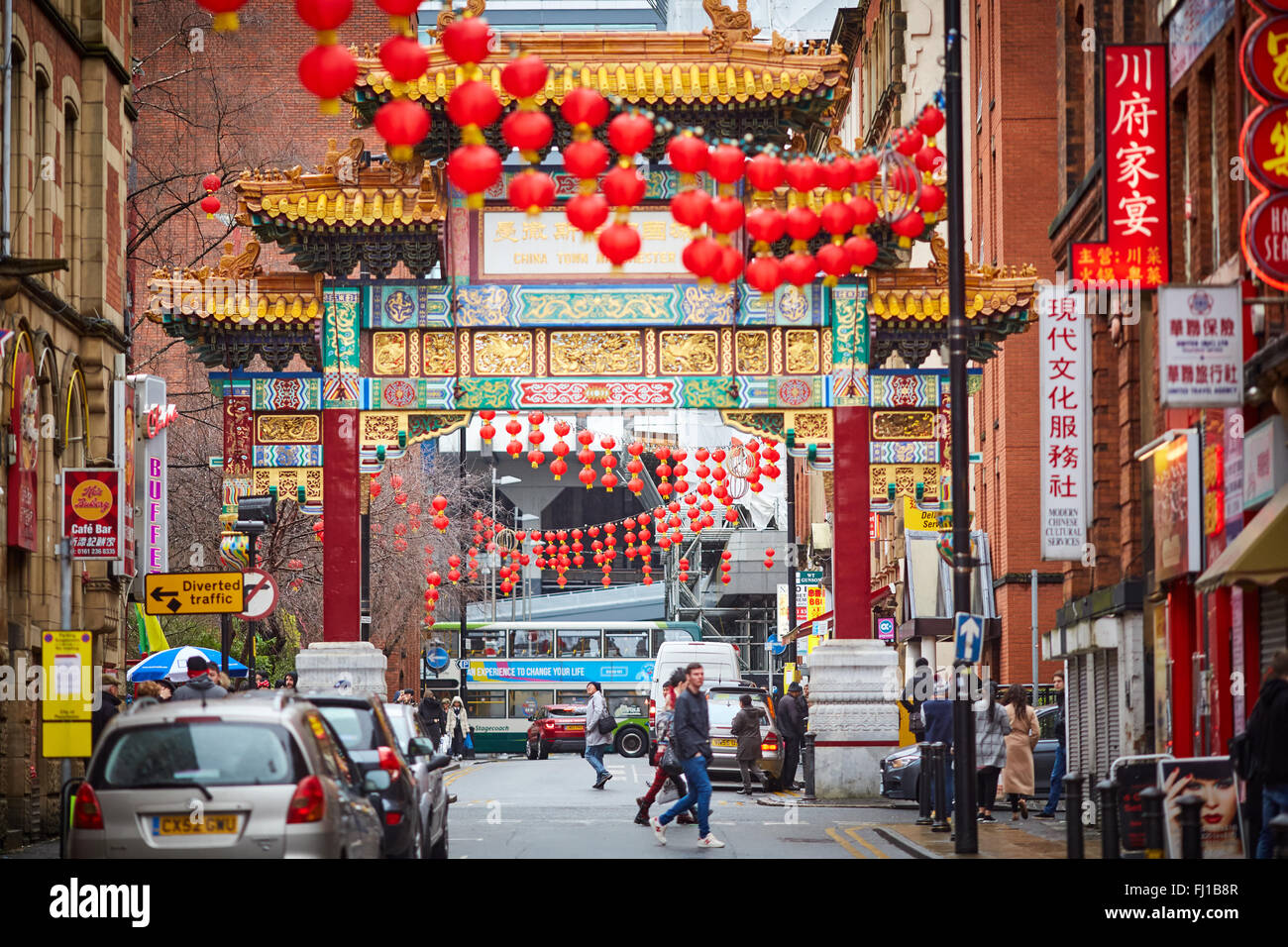 Arch chinois China Town Manchester rues décorées de l'histoire historique important marquant Faulkner rue st ethni Banque D'Images