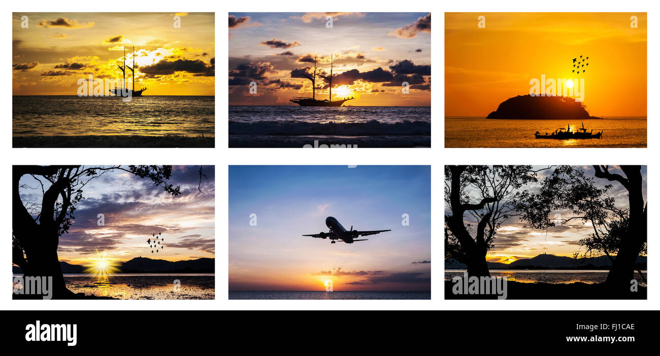 Toutes les silhouettes avec coucher du soleil sur la mer au crépuscule Banque D'Images