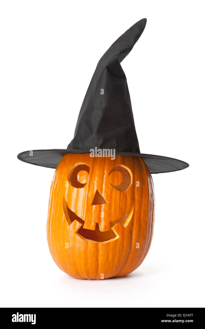 Halloween Citrouille avec Chapeau noir sur fond blanc Banque D'Images Halloween Citrouille avec Chapeau noir sur fond blanc Banque D'Images