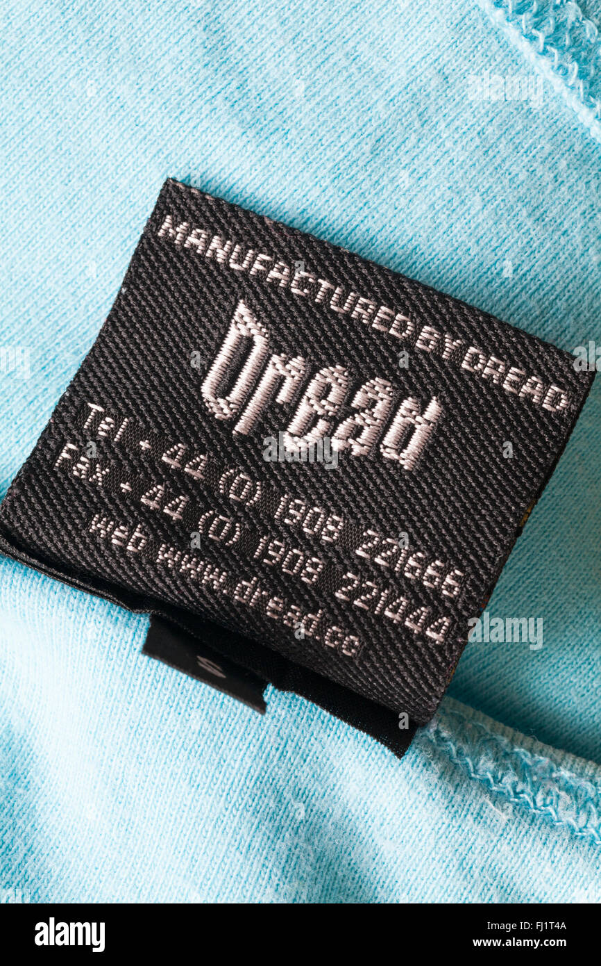 Label dans les vêtements fabriqués par Dread Banque D'Images
