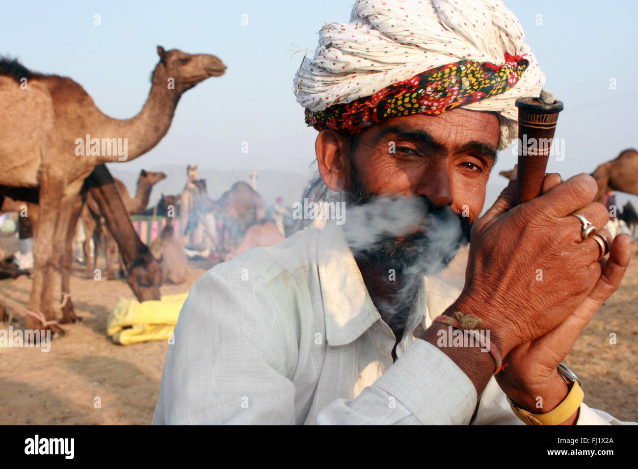 Portrait de l'homme hindou indien du Rajasthan Rajasthan Pushkar mela Pushkar- pendant juste de chameau au Rajasthan, Inde Banque D'Images