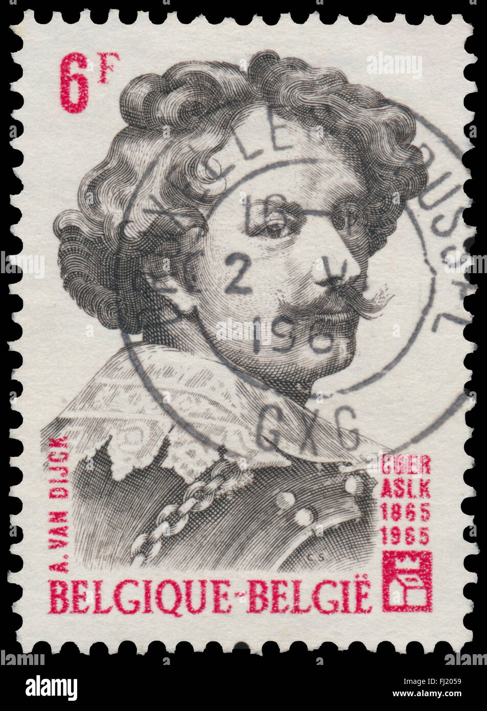 BUDAPEST, HONGRIE - 27 février 2016 : un timbre imprimé en Belgique montre portrait de A. Van Dijc, vers 1965 Banque D'Images