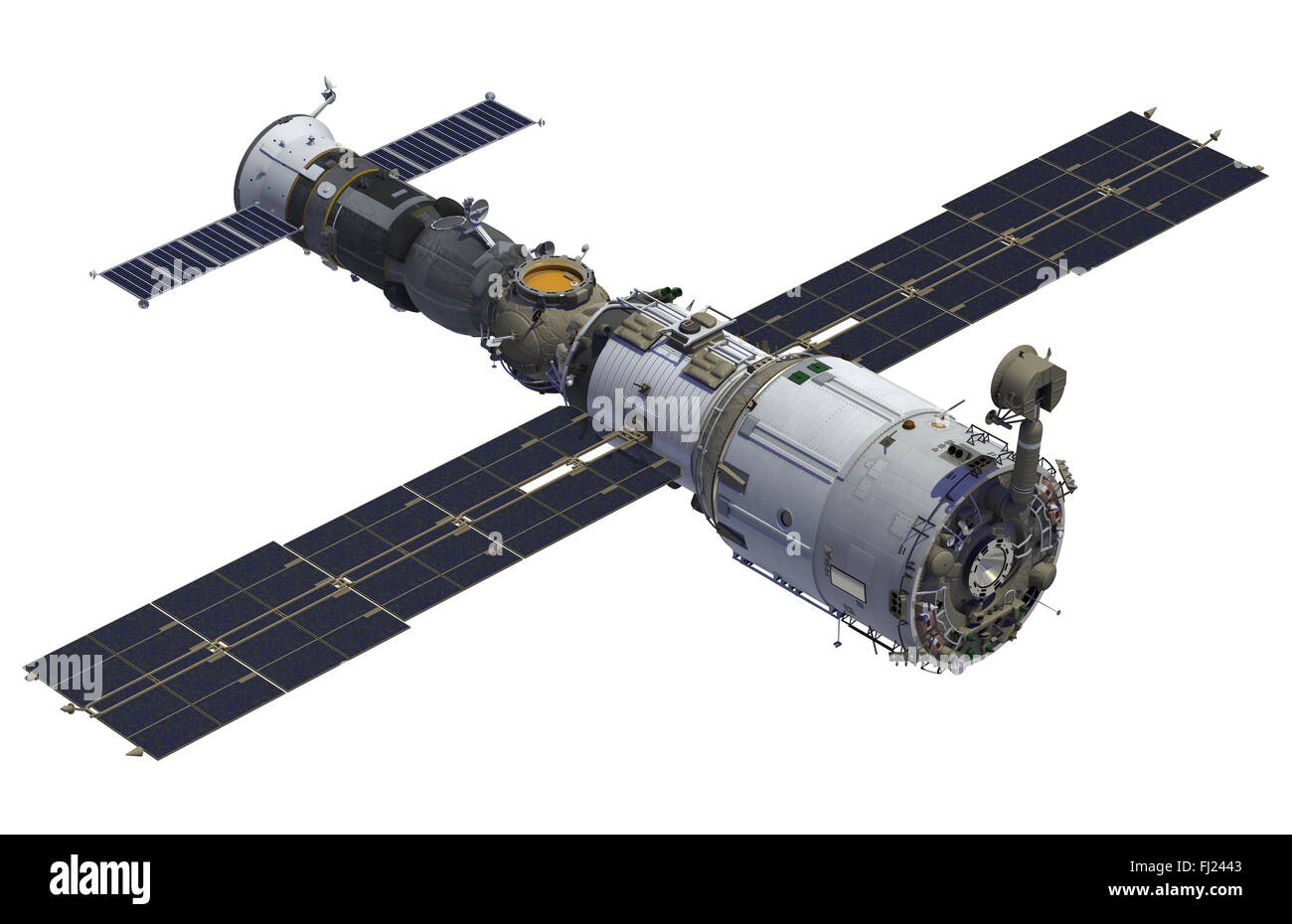 La Station spatiale et de l'engin spatial sur fond blanc. Modèle 3D. Banque D'Images