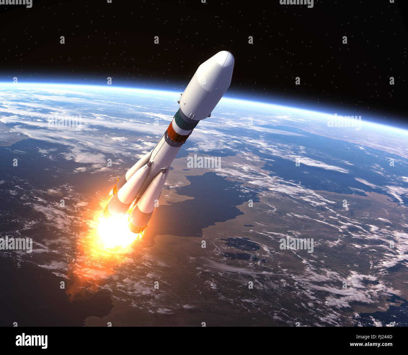 Lancement d'une fusée porteuse lourde. Scène 3D réaliste. Banque D'Images