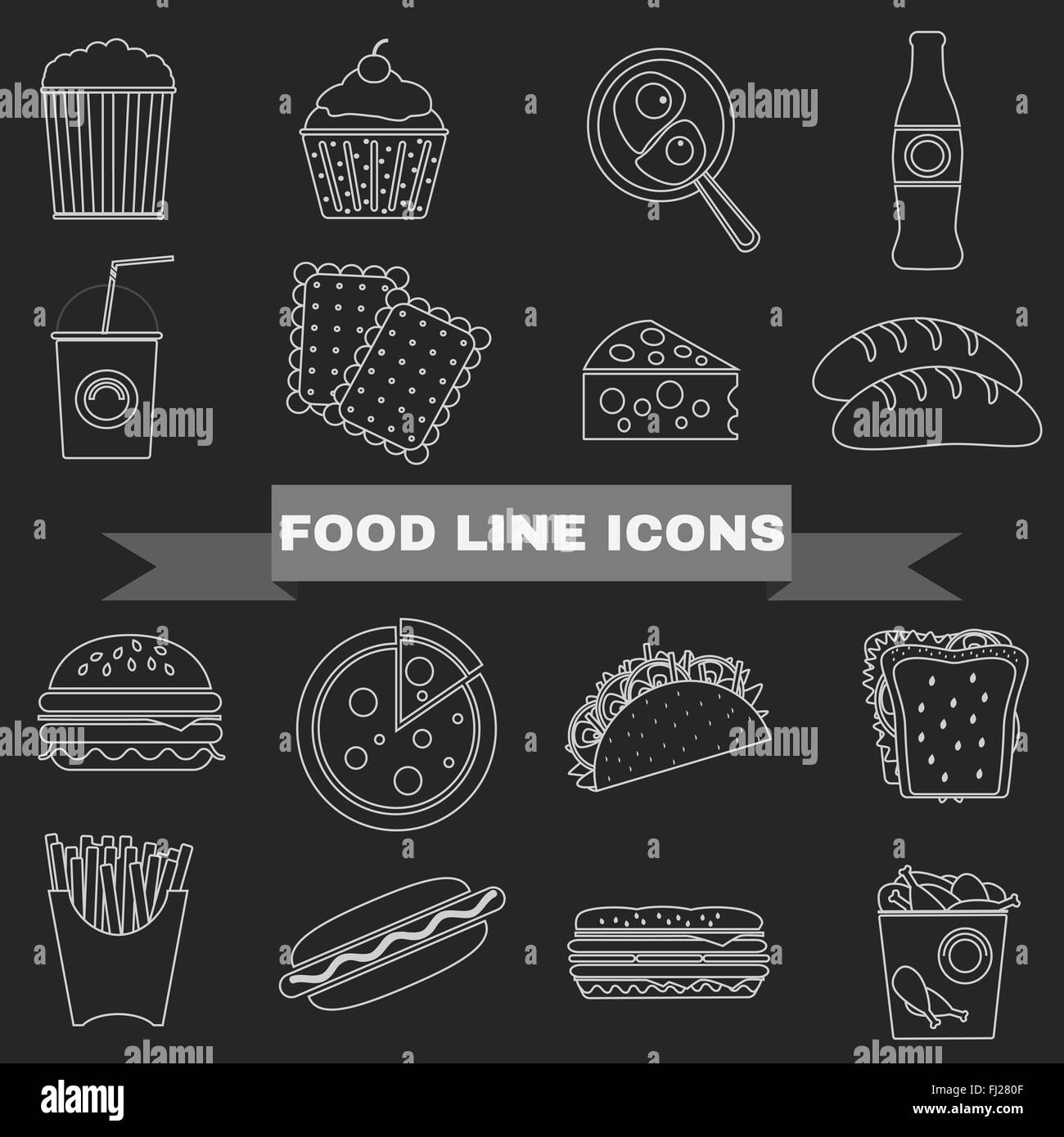 Big Black & White Line Restauration rapide et Snacks Vector Icon Set. Cheeseburger, popcorn, frites, Hamburger, Soda Boire, Hot Dog Illustration de Vecteur