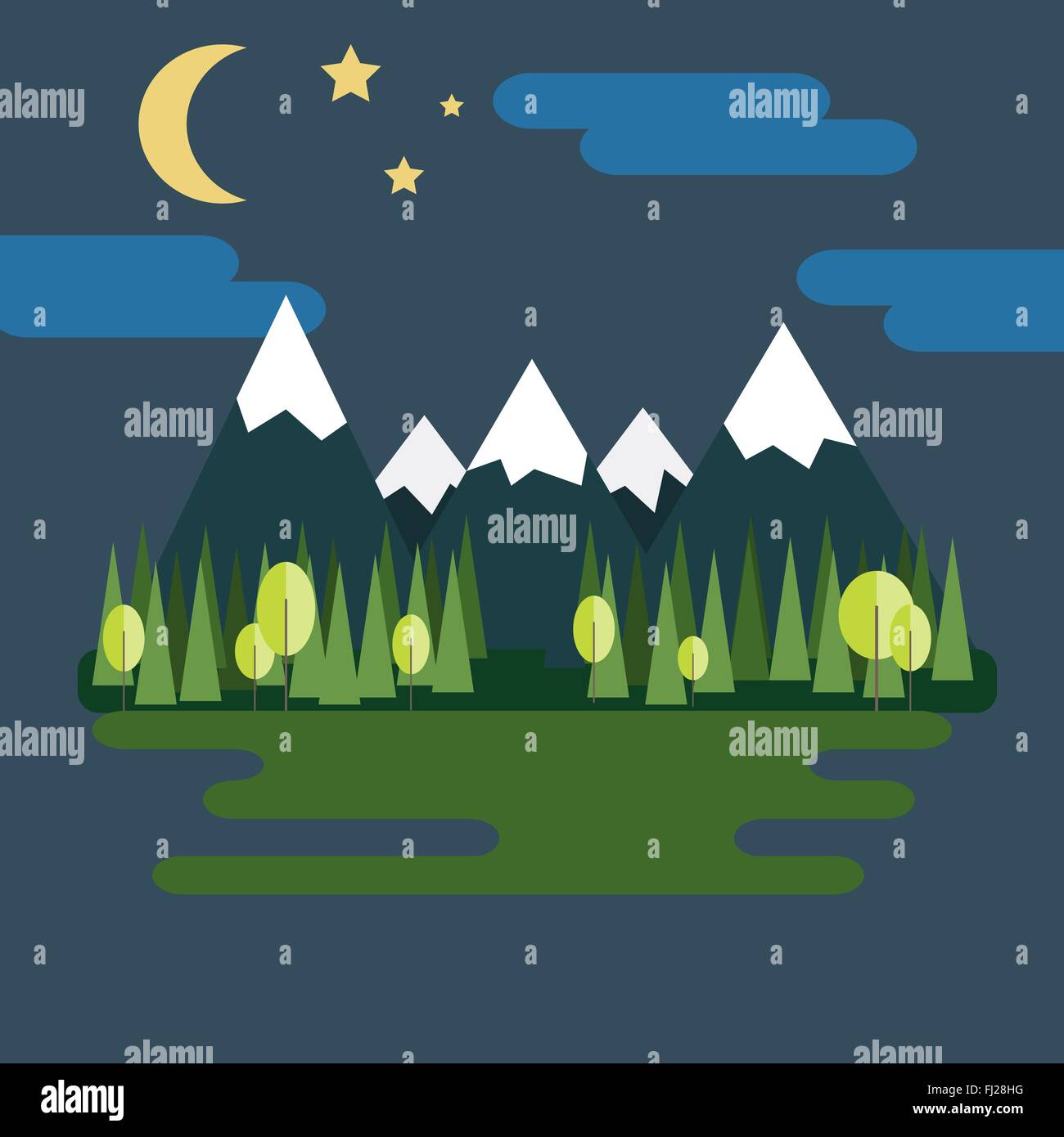 Paysage de montagne. La nature sauvage : les montagnes avec des pics de glace, Sapins, lac et ciel étoilé avec demi-lune la nuit. Illustration de Vecteur