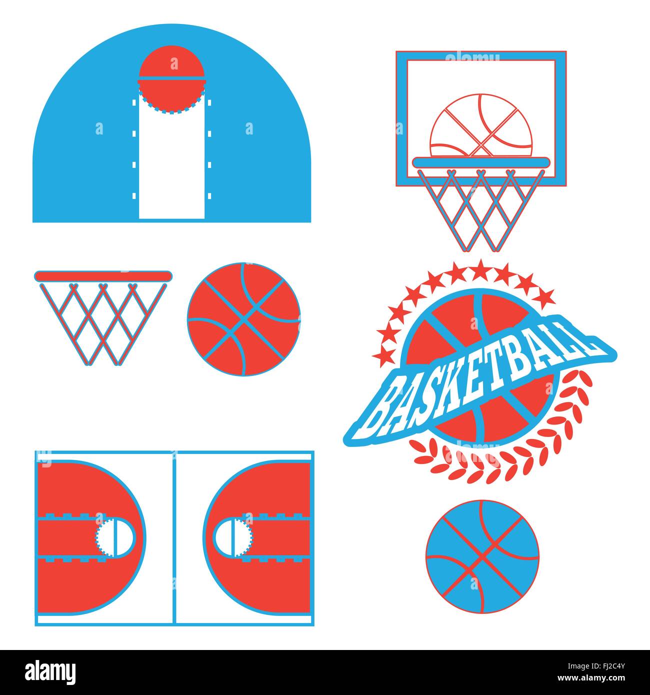 Objets de basket-ball. Ballon de basket-ball en couronne de laurier et les  étoiles d'un logo. Jeu de basket-ball de la conception de la Cour. Symboles  de sport. Bleu et rouge Image Vectorielle