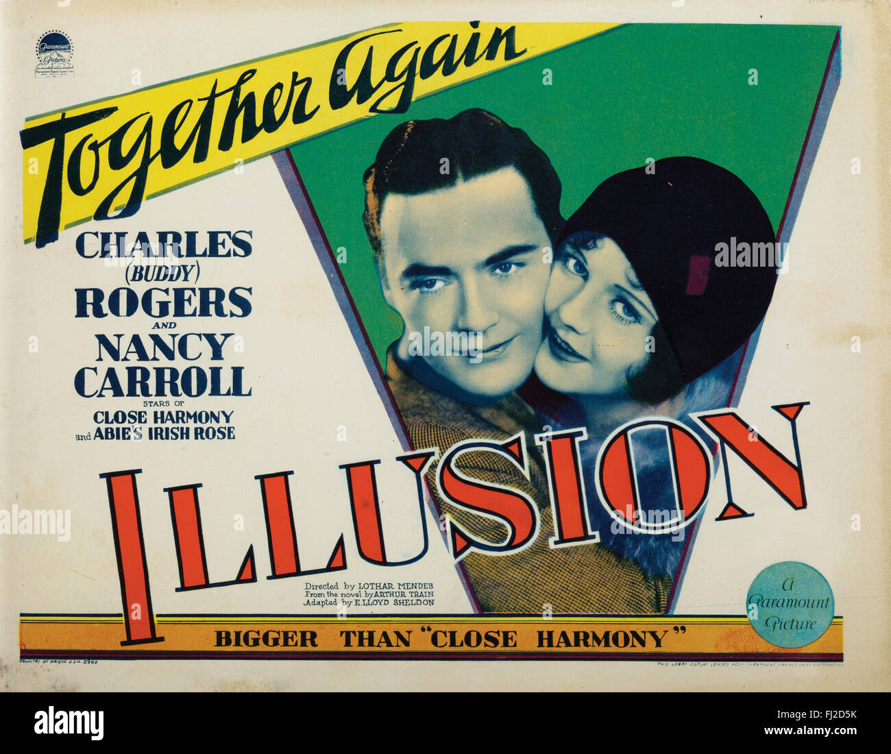 À la carte hall titre 1929 Paramount film 'Illusion' fixant Charles 'Buddy' Rogers, Nancy Carroll, et Kay Francis. Banque D'Images