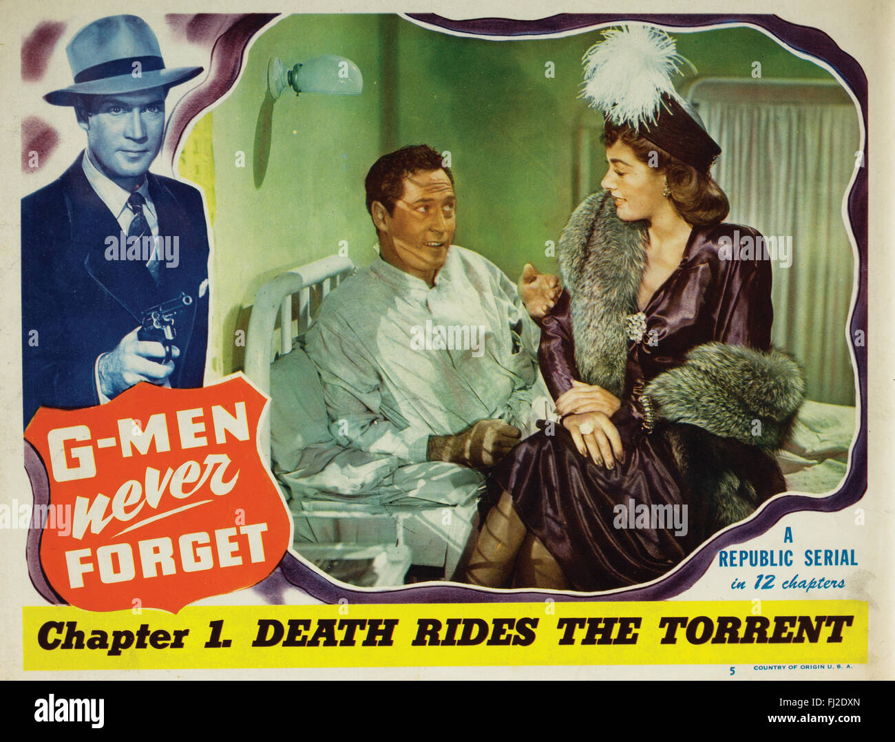 "G-Men N'oubliez jamais : Chapitre 1. La mort chevauche le torrent', scène lobby card. Banque D'Images