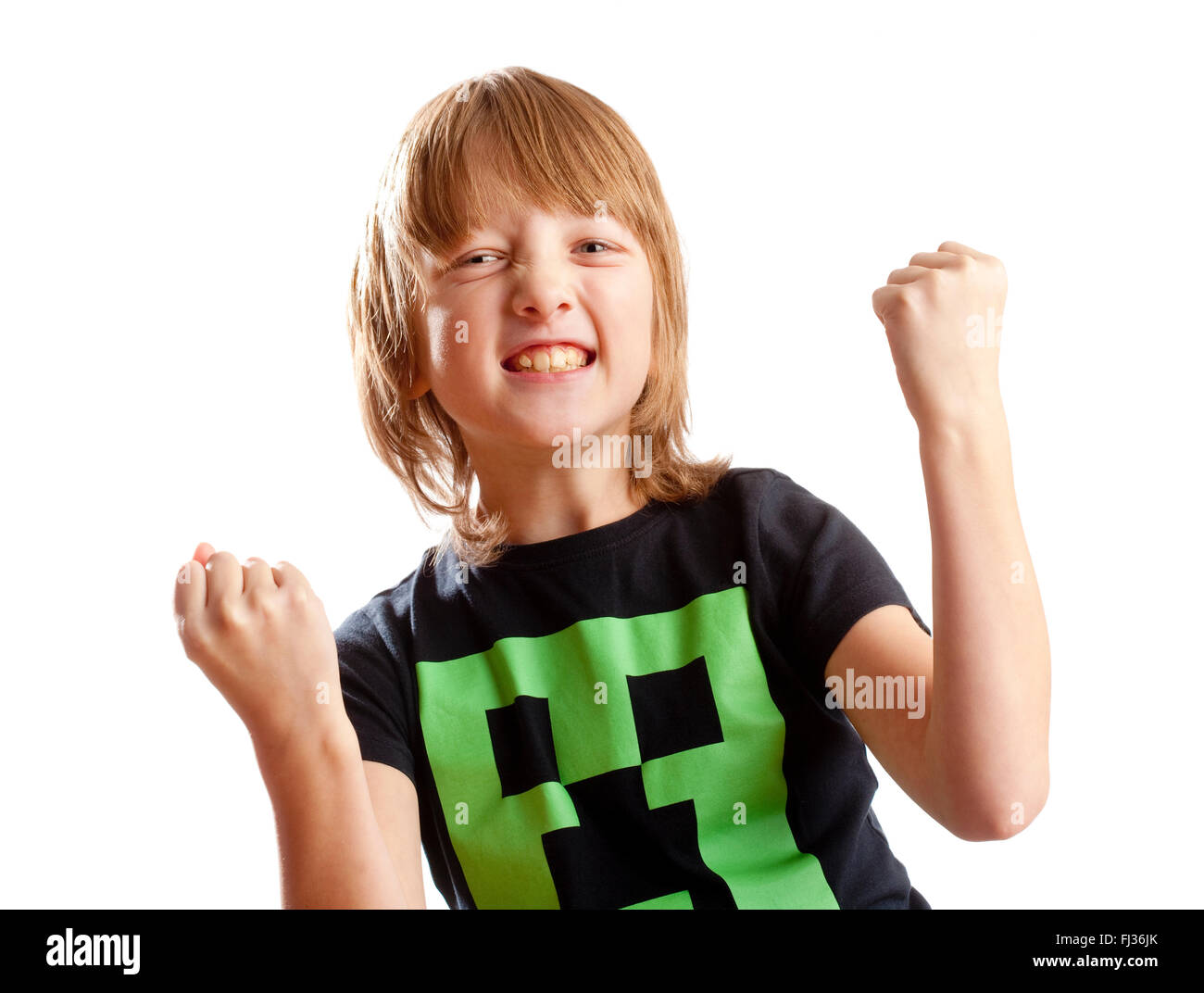Boy Cheering avec les bras - Isolated on White Banque D'Images