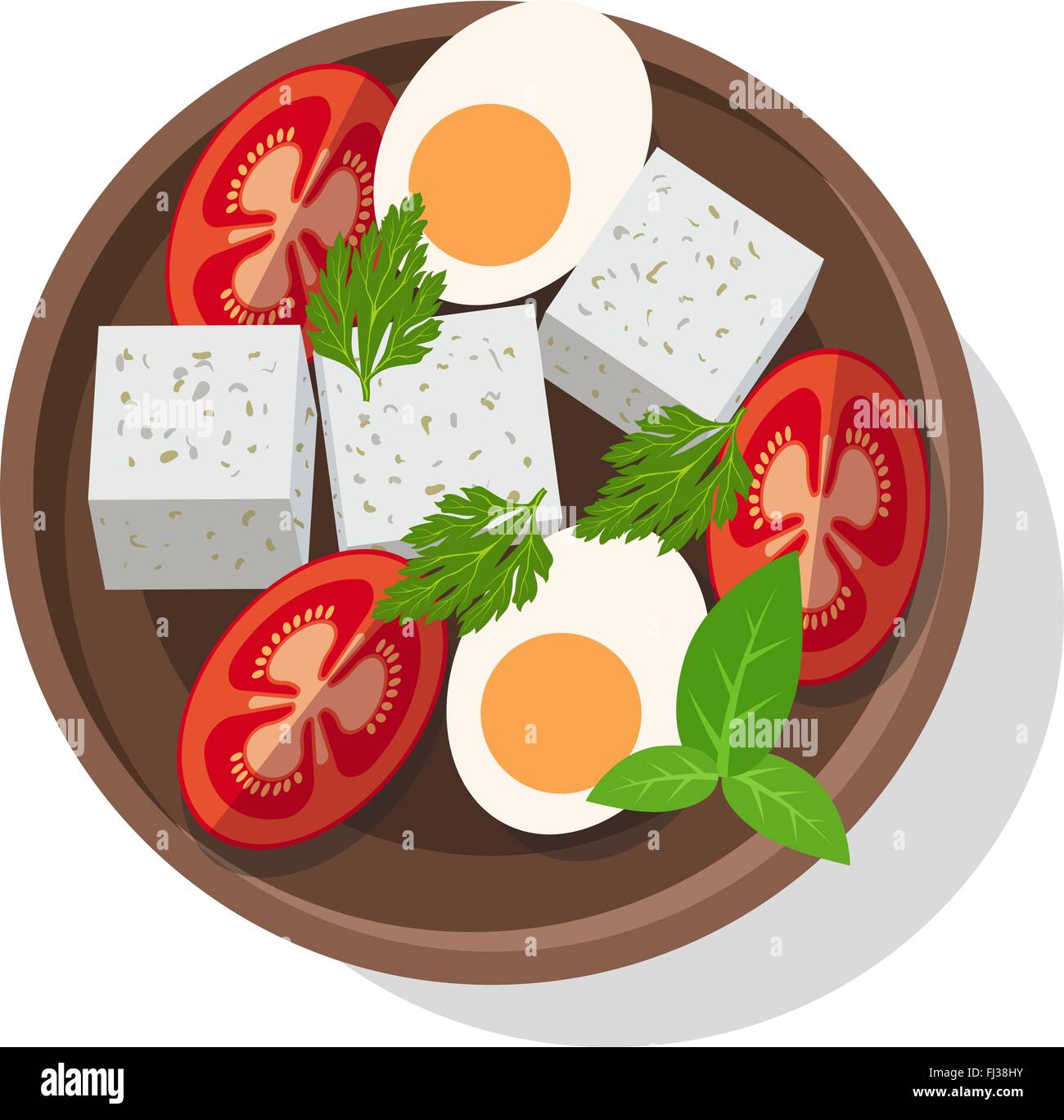 Salade fraîche avec du fromage, des œufs, des tomates et des verts. Vector illustration Illustration de Vecteur