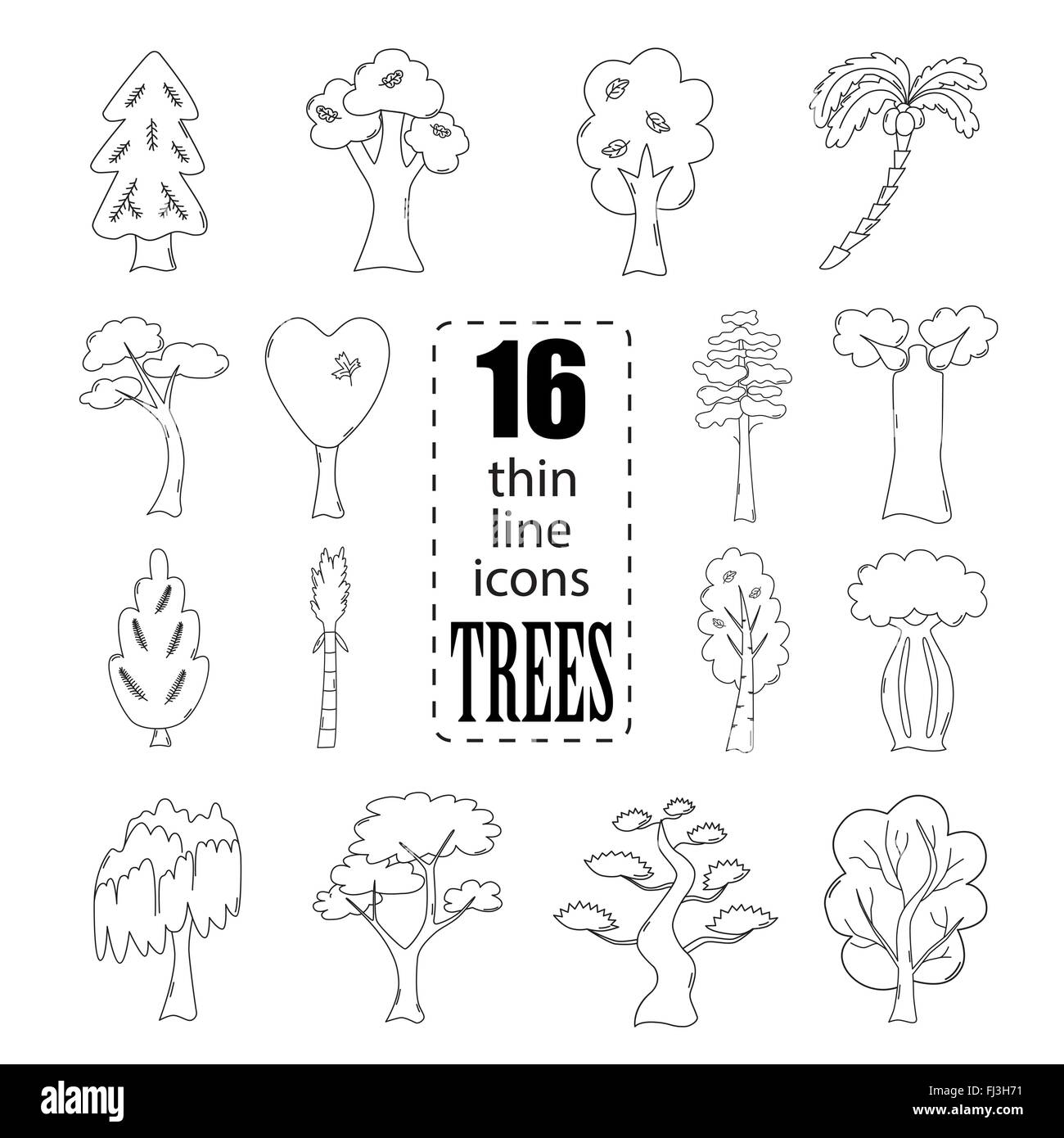 Fine ligne isolés d'arbres icônes en couleur noir Illustration de Vecteur
