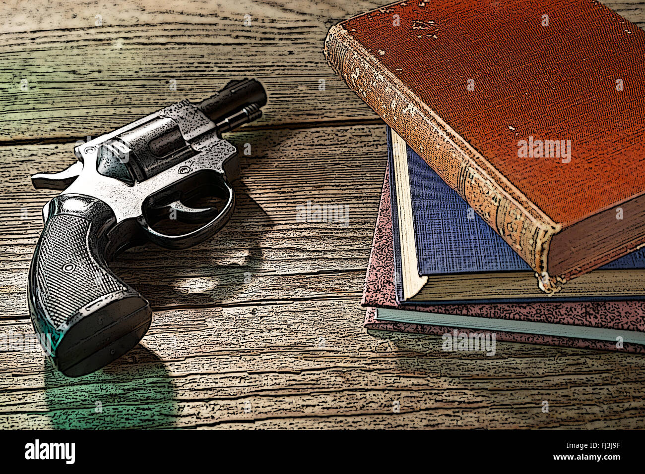 Illustration de fusil avec des livres sur le bureau en bois Banque D'Images