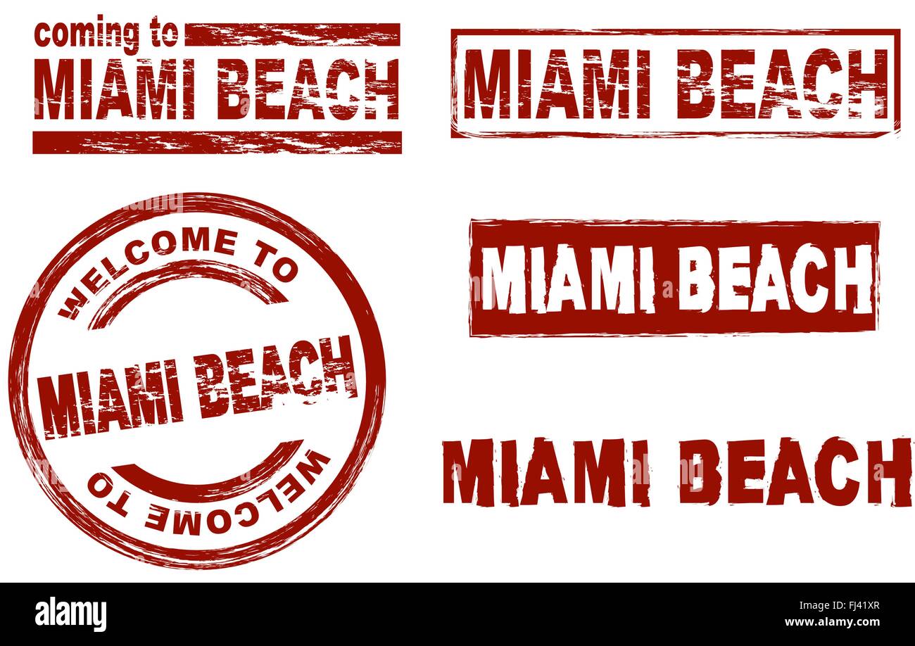 Ensemble de timbres d'encre stylisé montrant la ville de Miami Beach Illustration de Vecteur