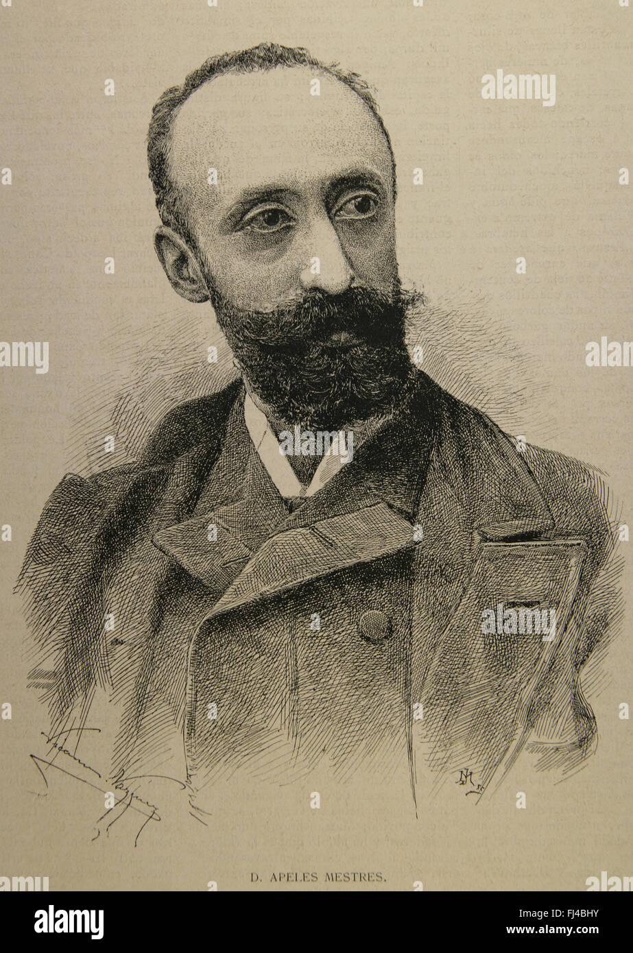 Apel.les Mestres (1854-1936). Écrivain et dessinateur. Portrait. Gravure de N. Vazquez. La Ilustracion, 1890. Banque D'Images