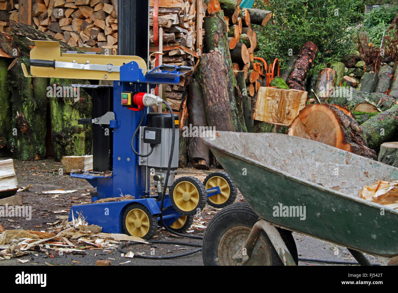Lieu de travail avec trancheuse de bois, Allemagne Banque D'Images