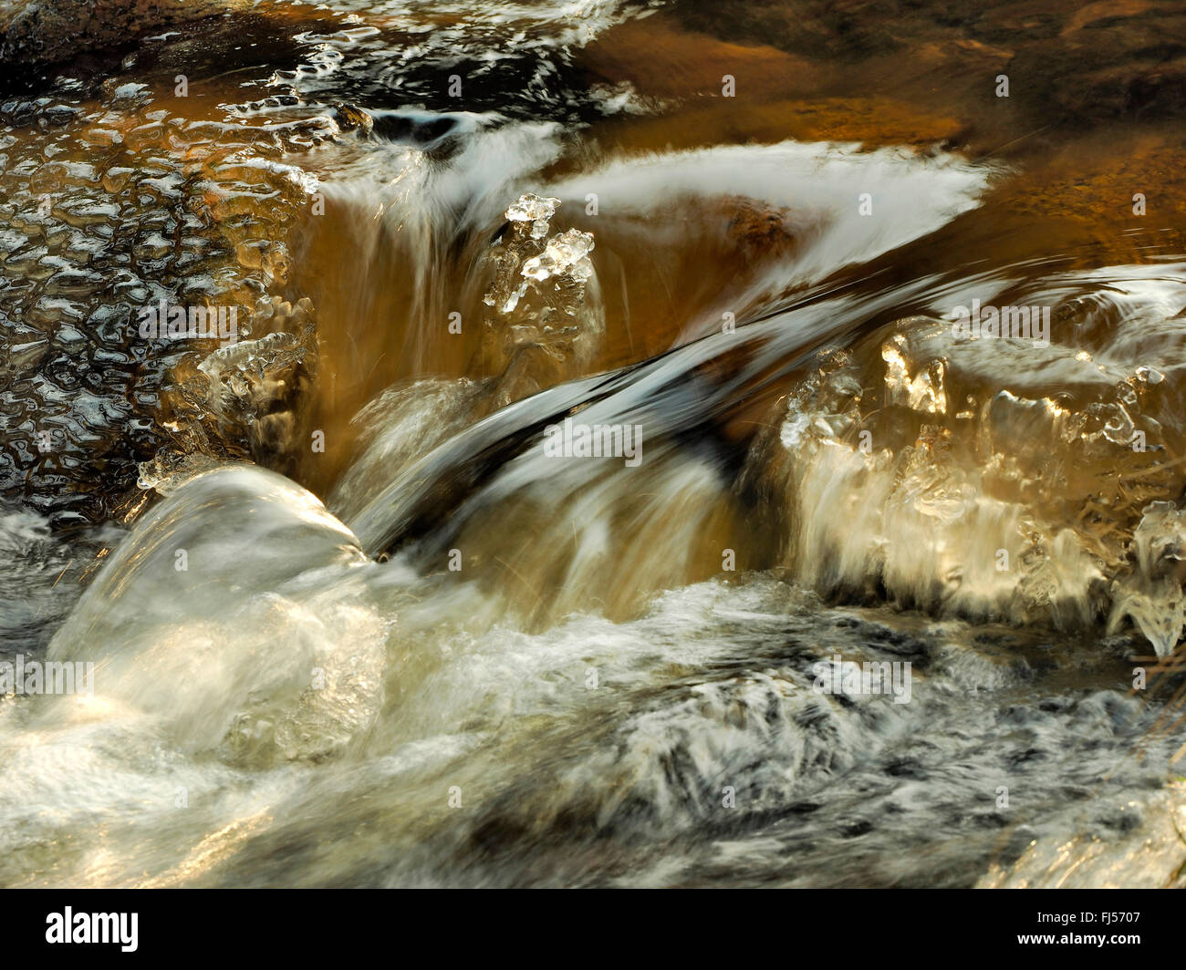L'eau courante à Rocky Creek jusqu'au gel, l'Allemagne, la Saxe, montagnes Erz, Schwarzwassertal Banque D'Images