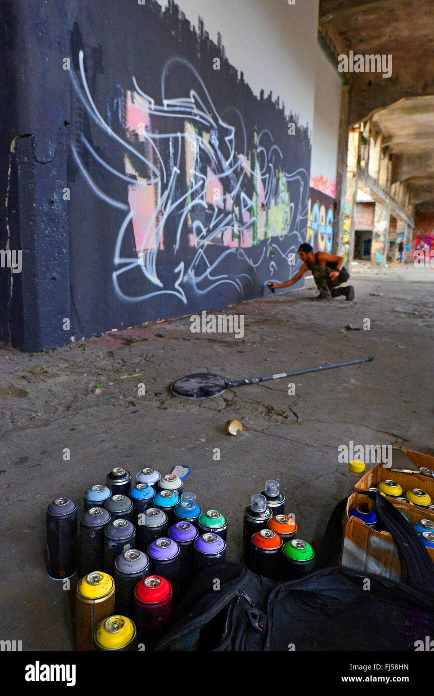 La pulvérisation de l'homme à un mur de graffiti dans un abandonend terre industrielle, l'Allemagne, en Rhénanie du Nord-Westphalie, Duesseldorf Banque D'Images