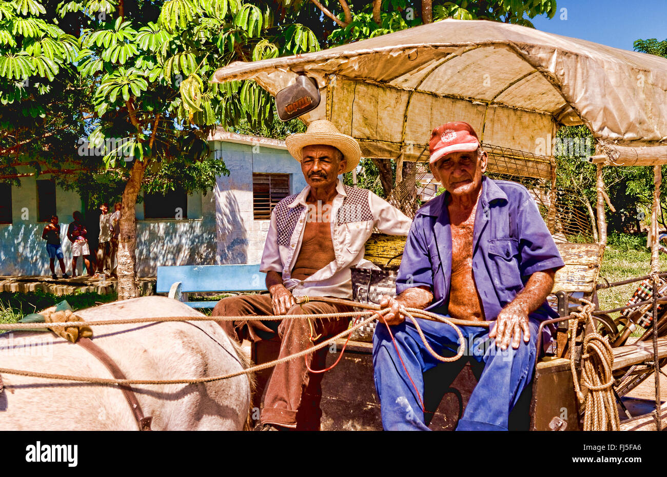Deux hommes à cheval buggie, Cuba, Australie Banque D'Images