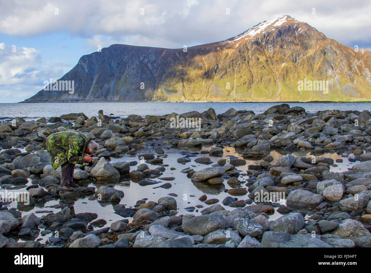 Photographe de la nature à la côte d'une île Lofoten, Norvège, îles Lofoten Banque D'Images